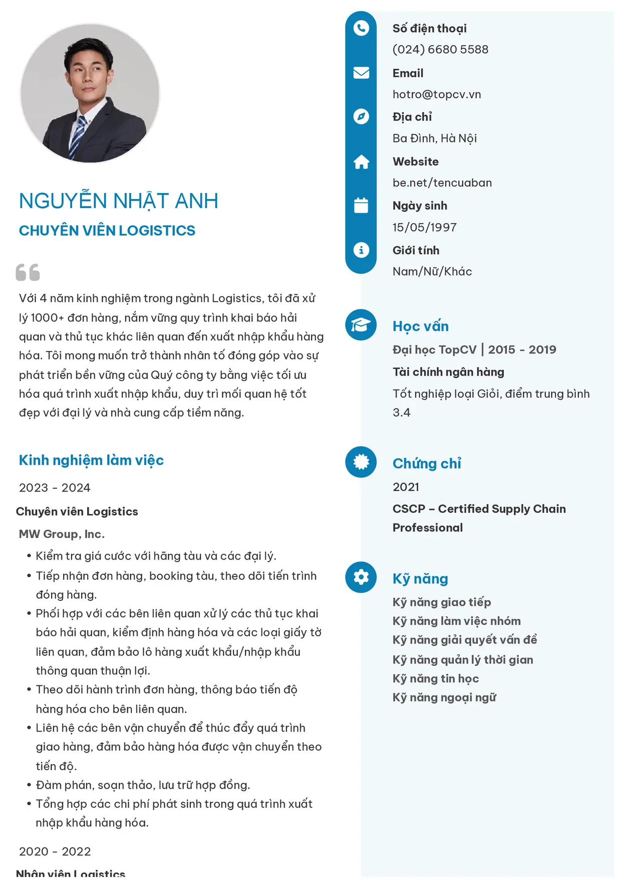 Mẫu CV Chuyên viên Logistics style Basic 4