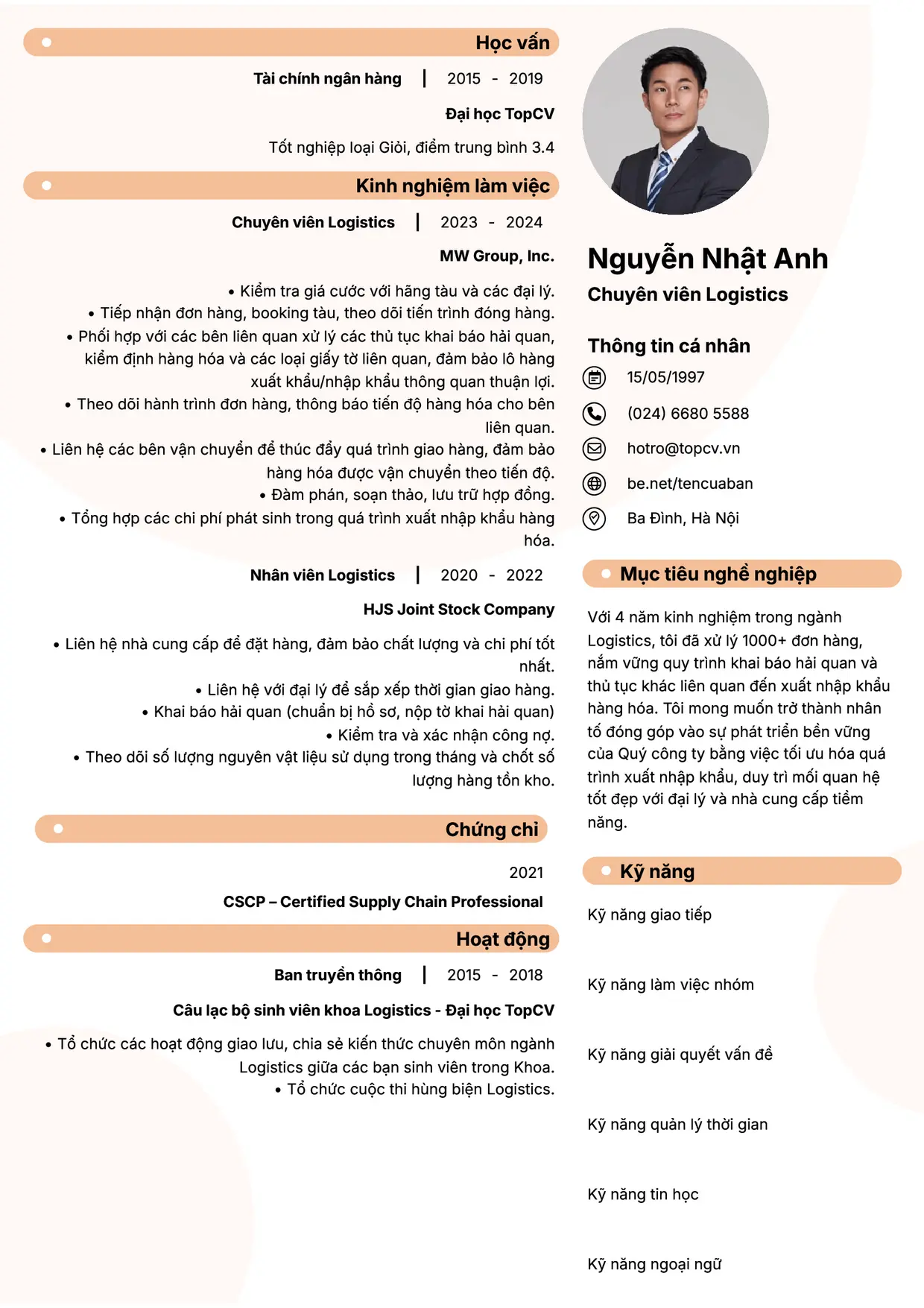Mẫu CV Chuyên viên Logistics style Basic 5
