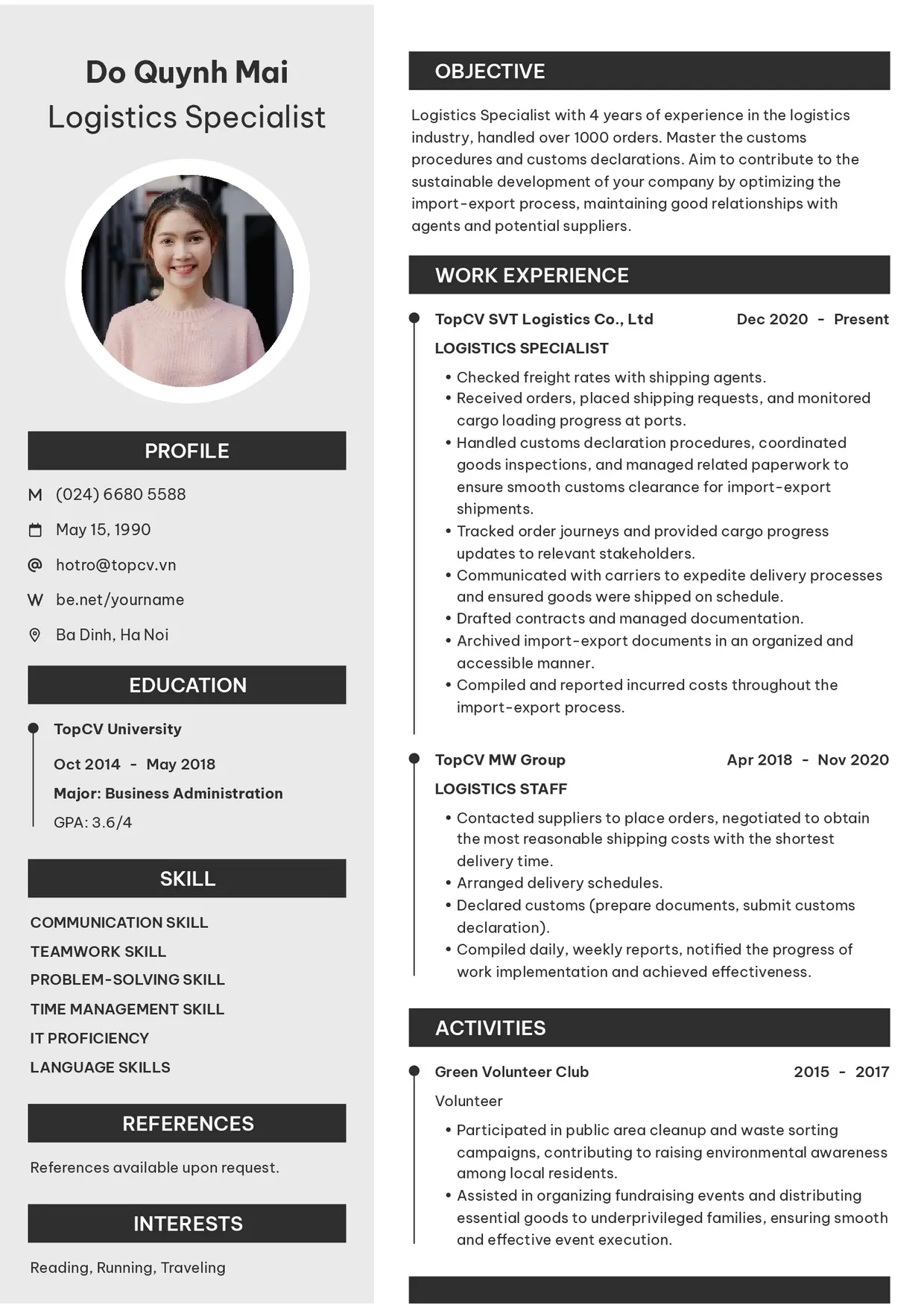 Mẫu CV xin việc Chuyên viên Logistics style Clarity