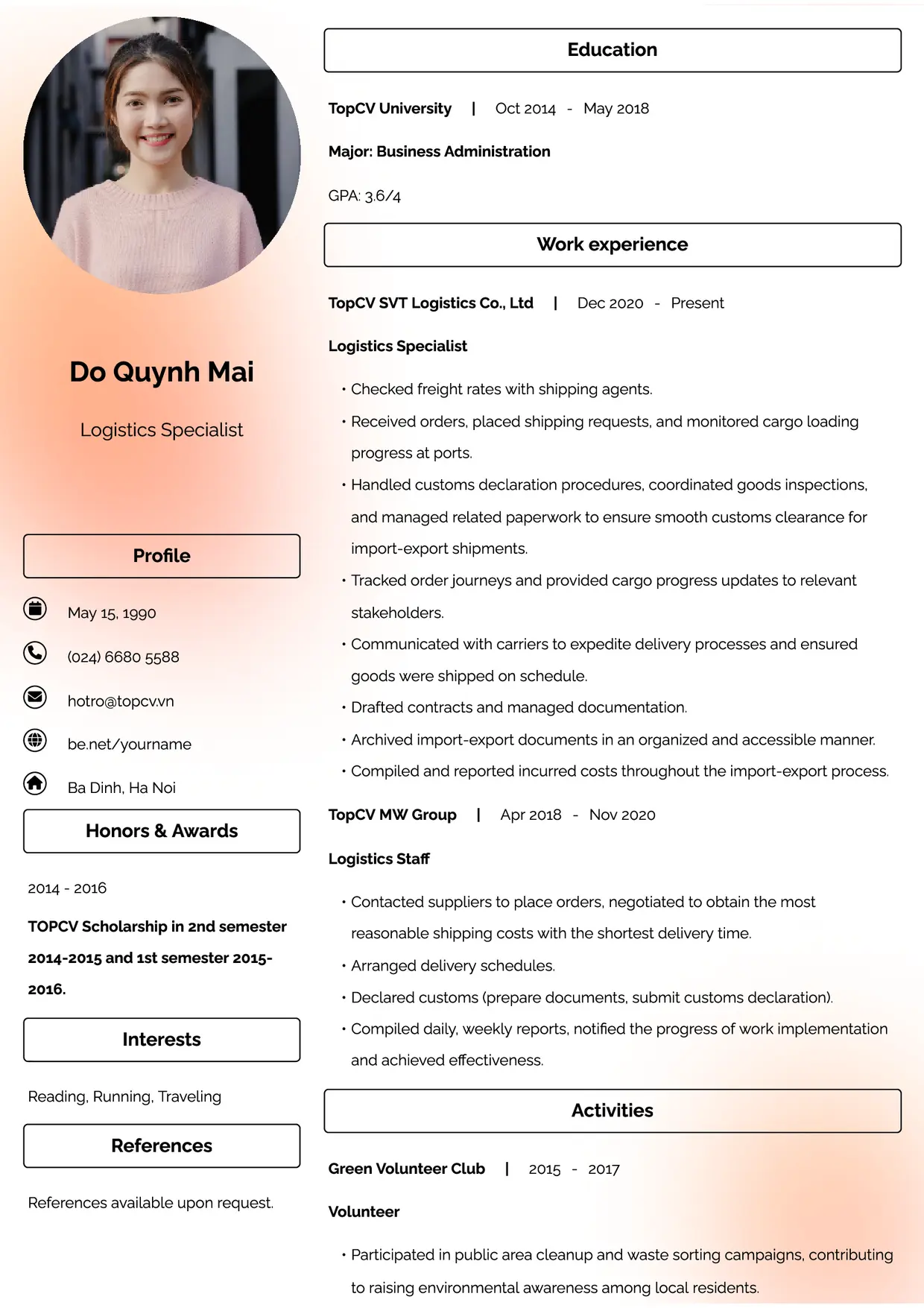 Mẫu CV xin việc Chuyên viên Logistics style Đam mê