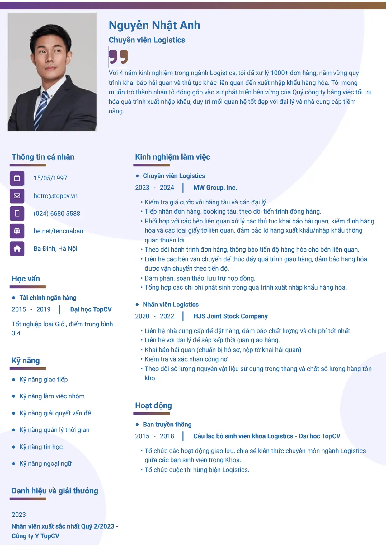 Mẫu CV Chuyên viên Logistics style Gradient 1