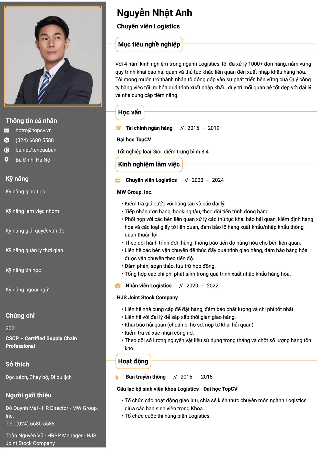 Mẫu CV Chuyên viên Logistics style Thành đạt