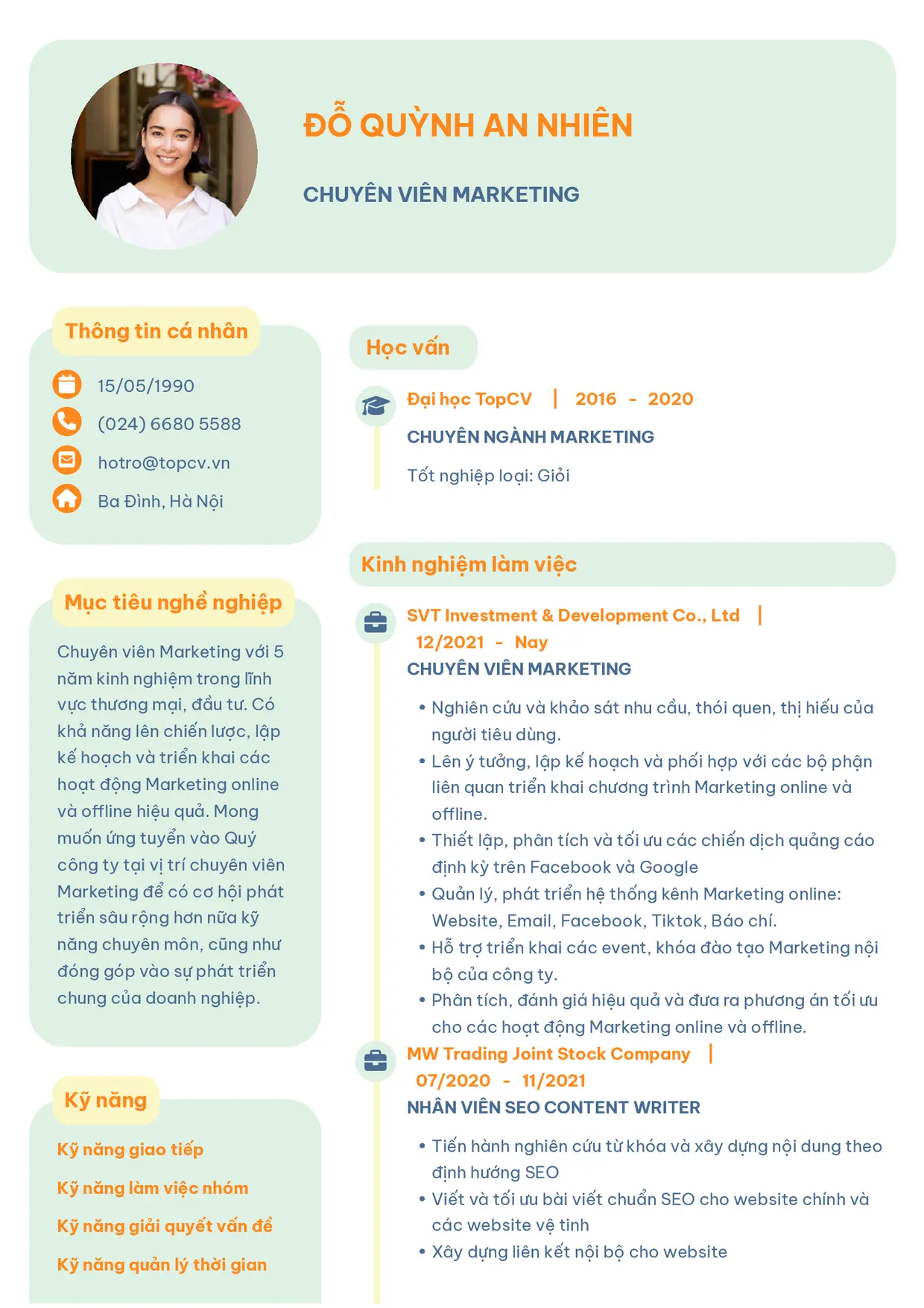 Mẫu CV xin việc Chuyên viên Marketing style Basic 3