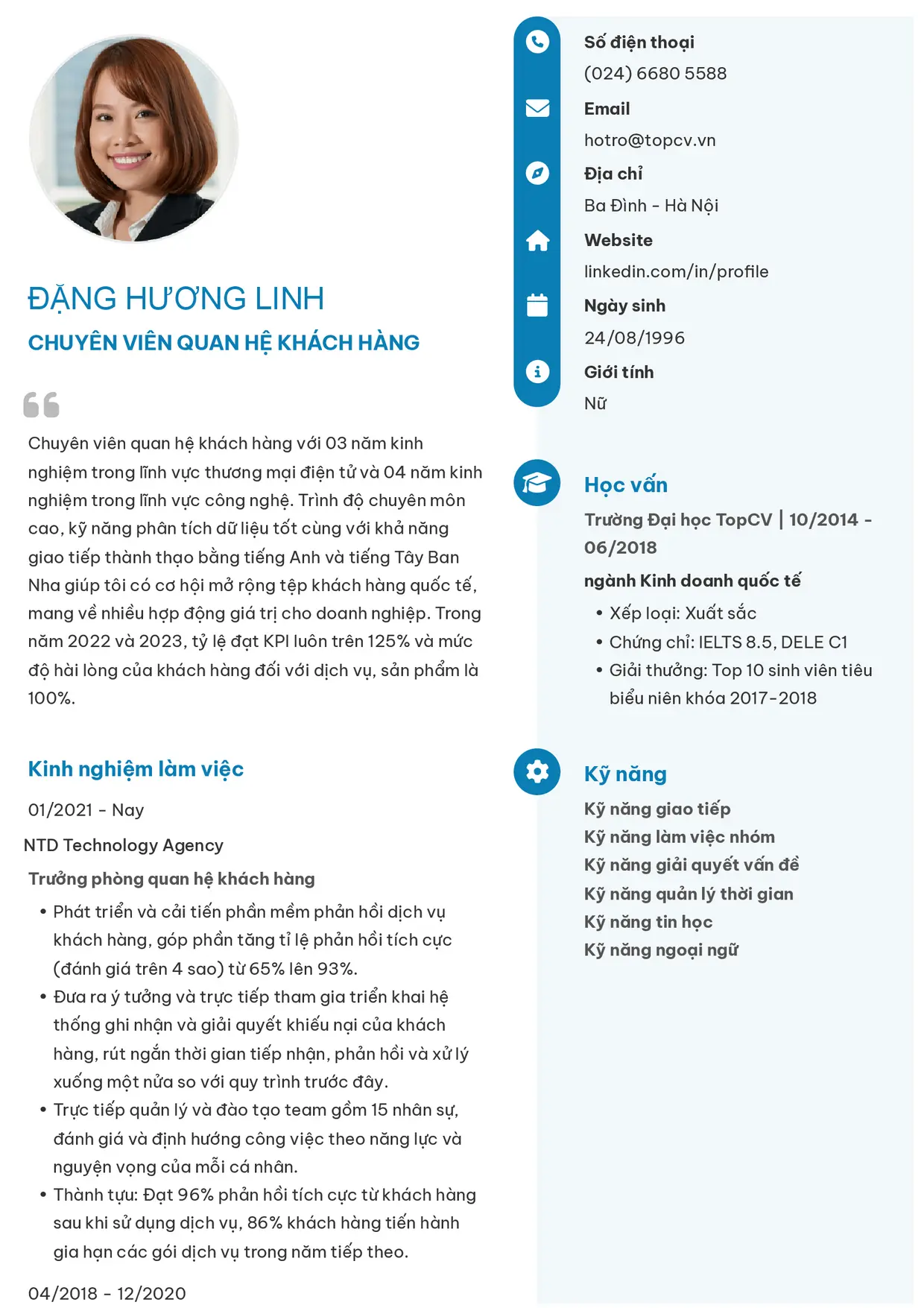 Mẫu CV xin việc Chuyên viên quan hệ khách hàng style Basic 4