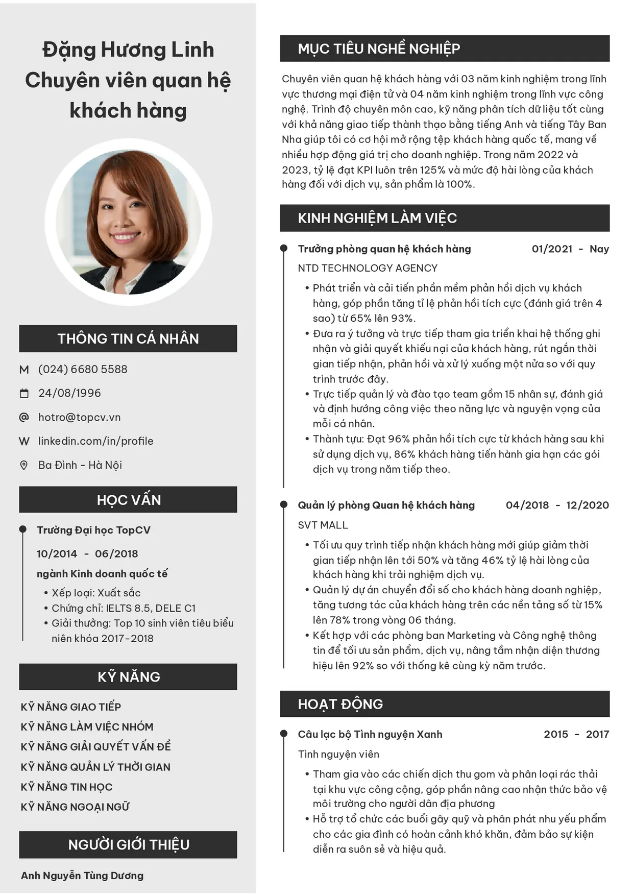 Mẫu CV xin việc Chuyên viên quan hệ khách hàng style Clarity