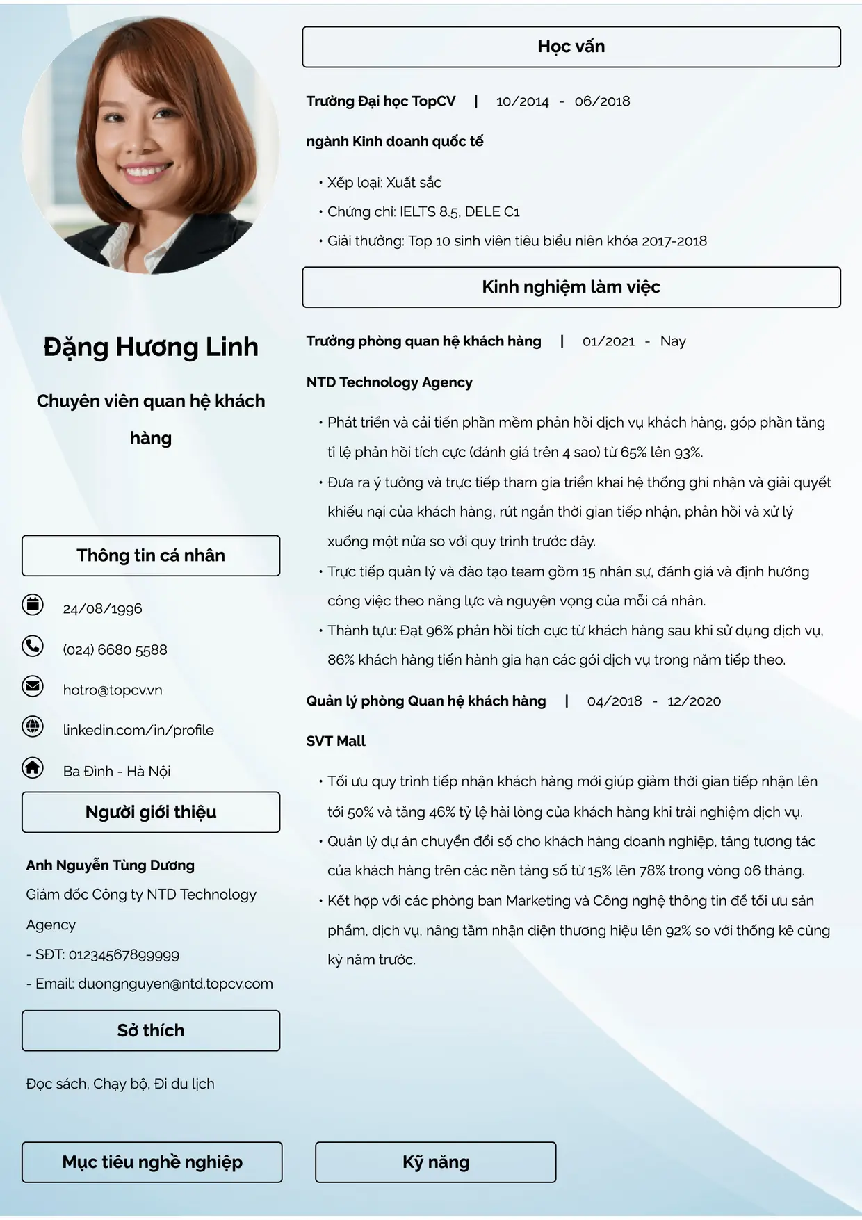 Mẫu CV xin việc Chuyên viên quan hệ khách hàng style Đam mê