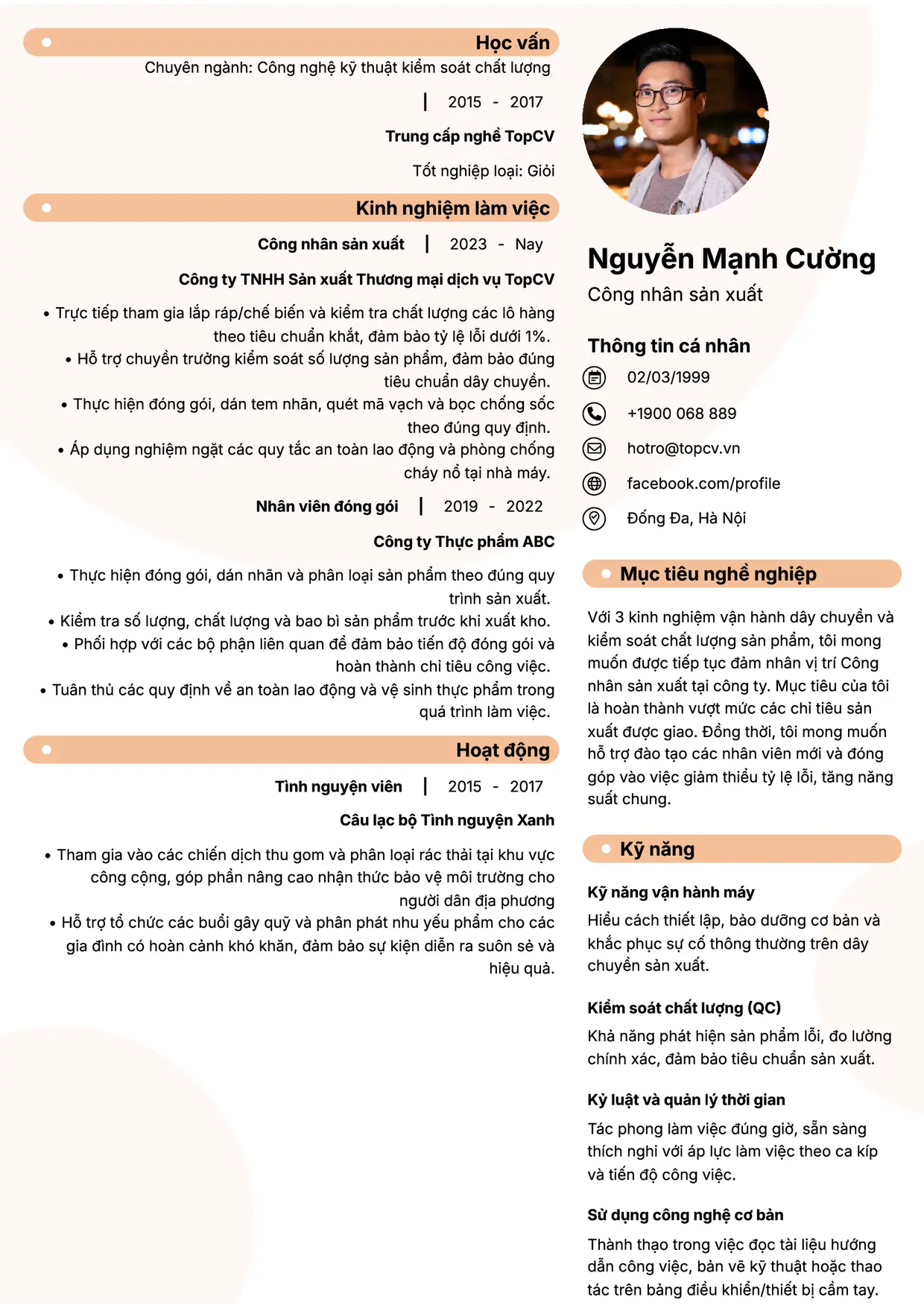 Mẫu CV xin việc Công nhân sản xuất style Basic 5
