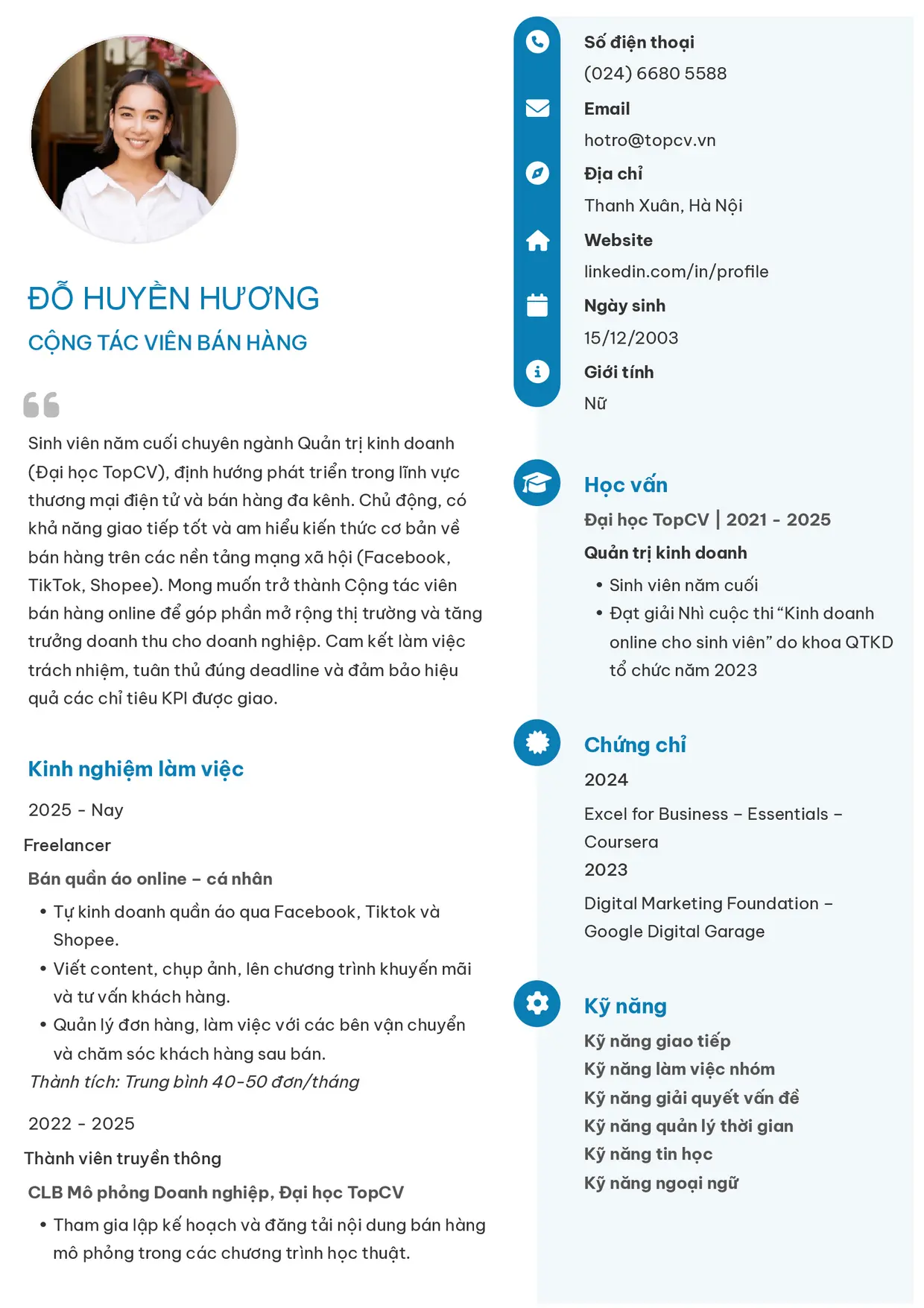 Mẫu CV xin việc Cộng tác viên bán hàng style Basic 4