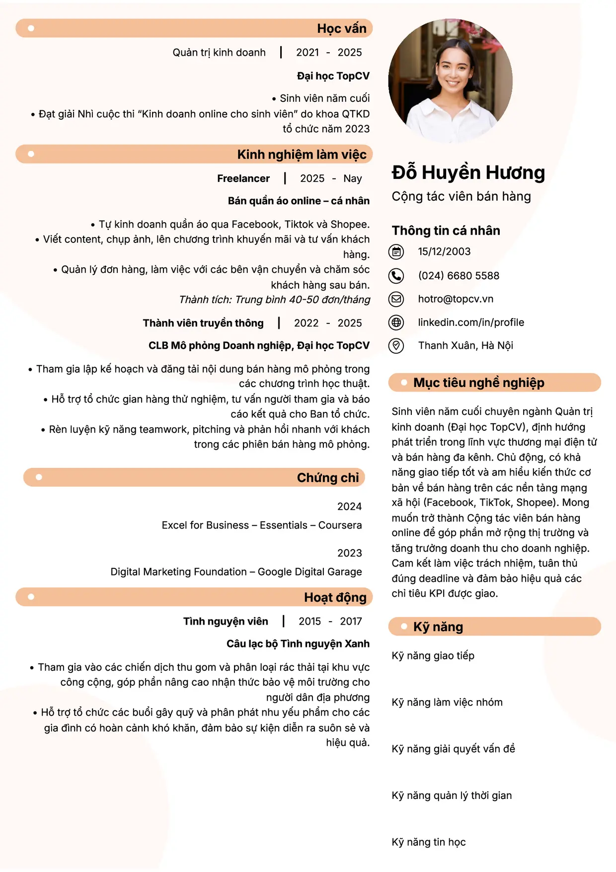 Mẫu CV xin việc Cộng tác viên bán hàng style Basic 5