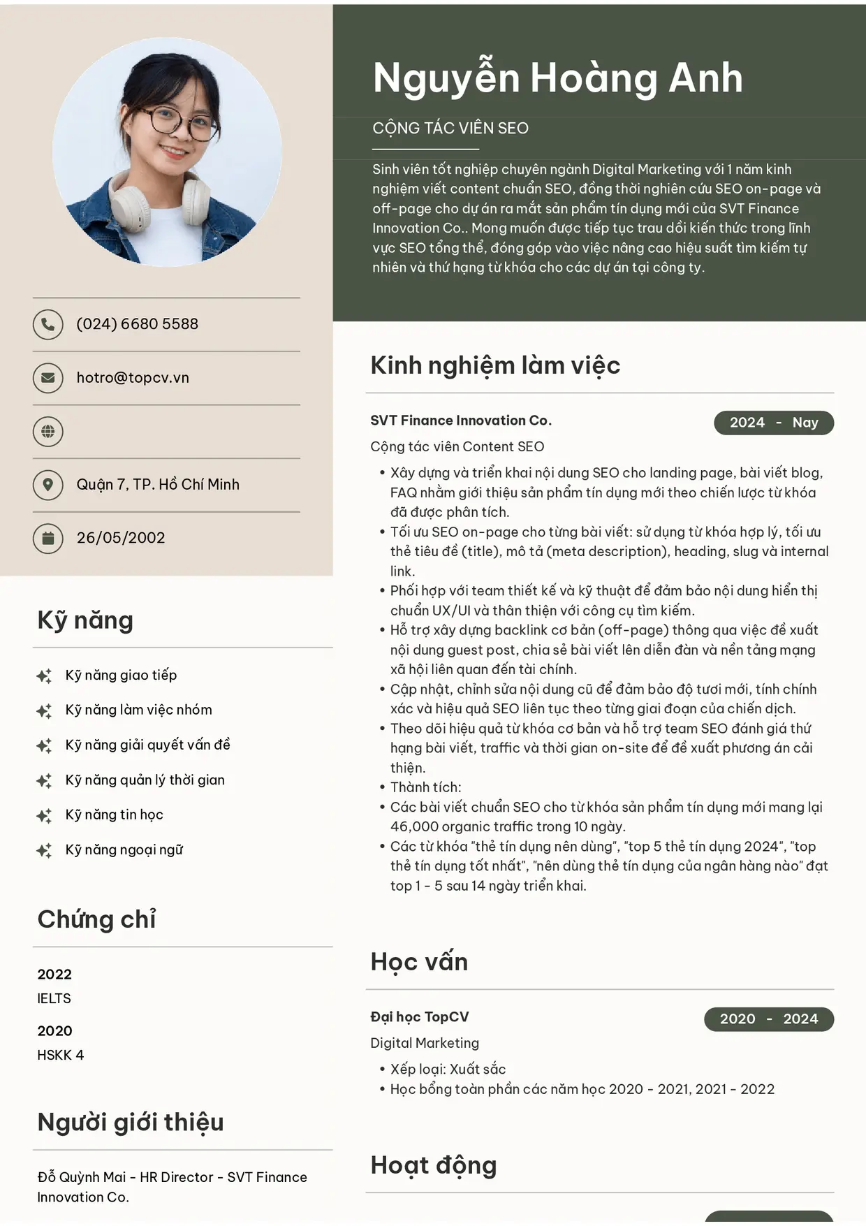 Mẫu CV xin việc Cộng tác viên SEO style Bright
