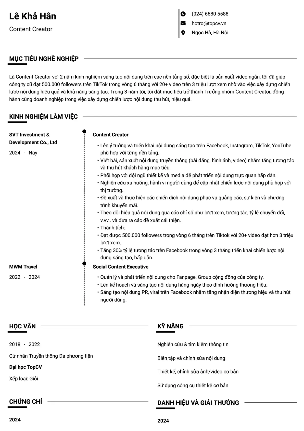 Mẫu CV xin việc Content Creator style Chuyên gia