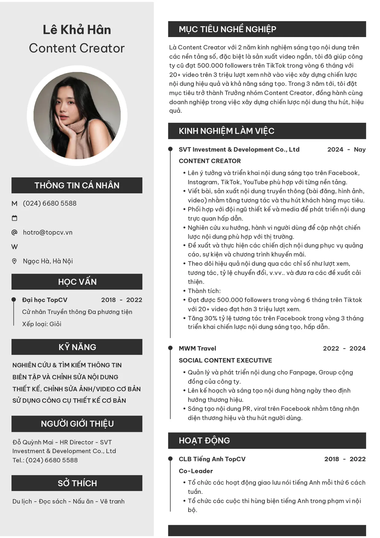 Mẫu CV xin việc Content Creator style Clarity