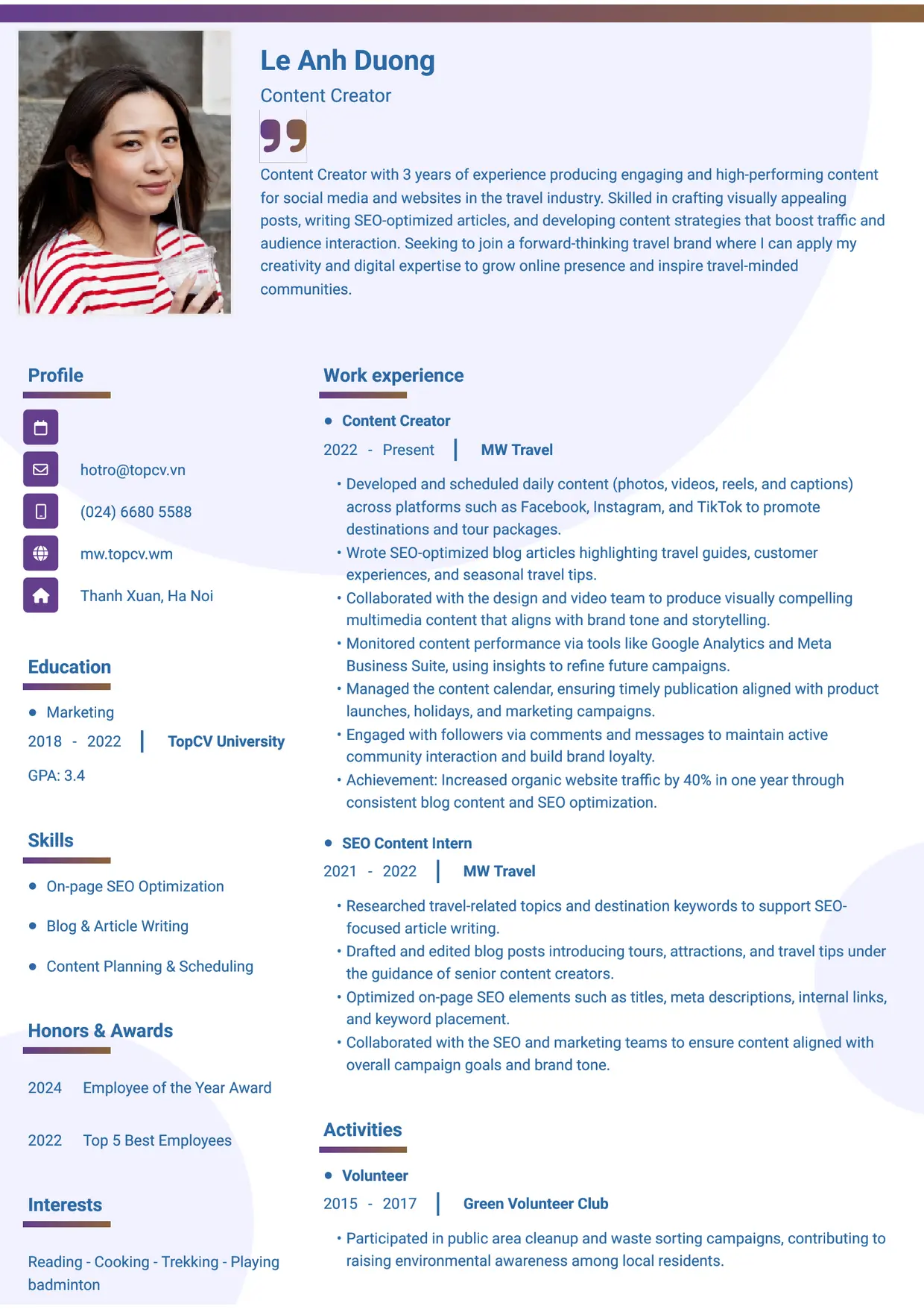 Mẫu CV xin việc Content Creator style Gradient 1