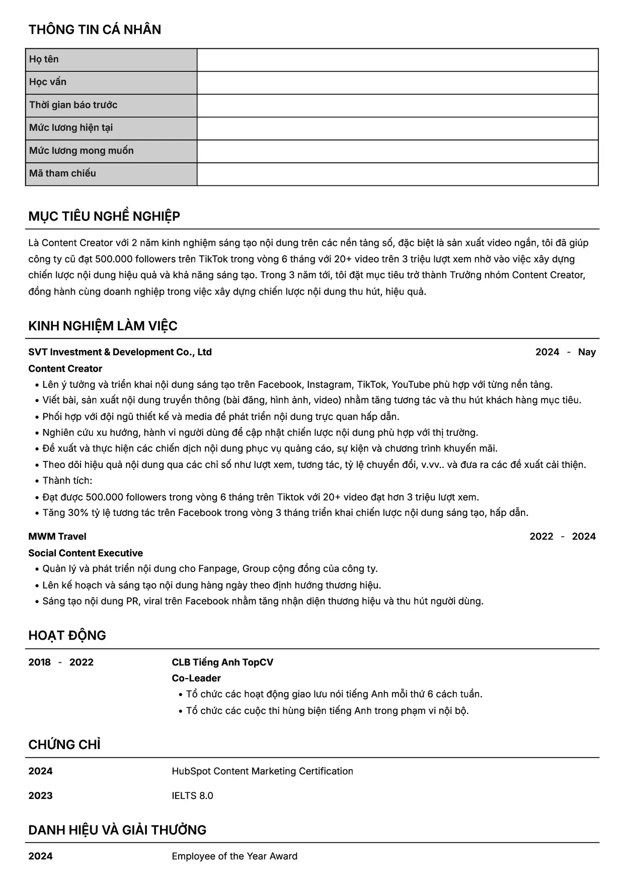 Mẫu CV xin việc Content Creator style Headhunt