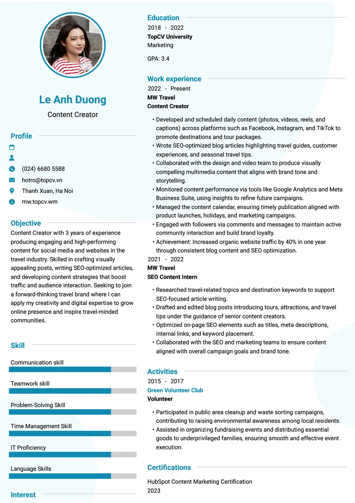 Mẫu CV xin việc Content Creator style Hiện Đại 2