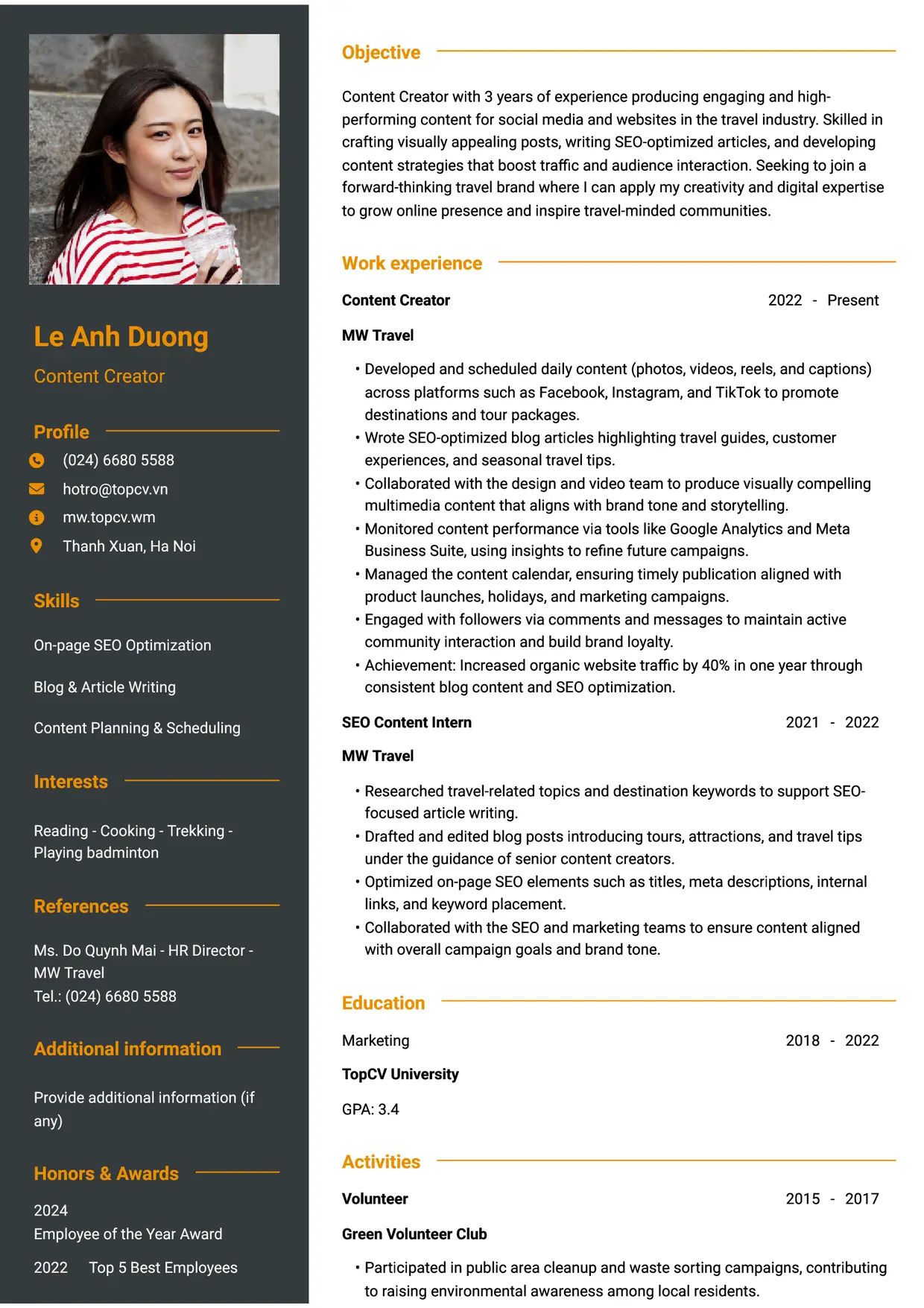 Mẫu CV xin việc Content Creator style Tham vọng