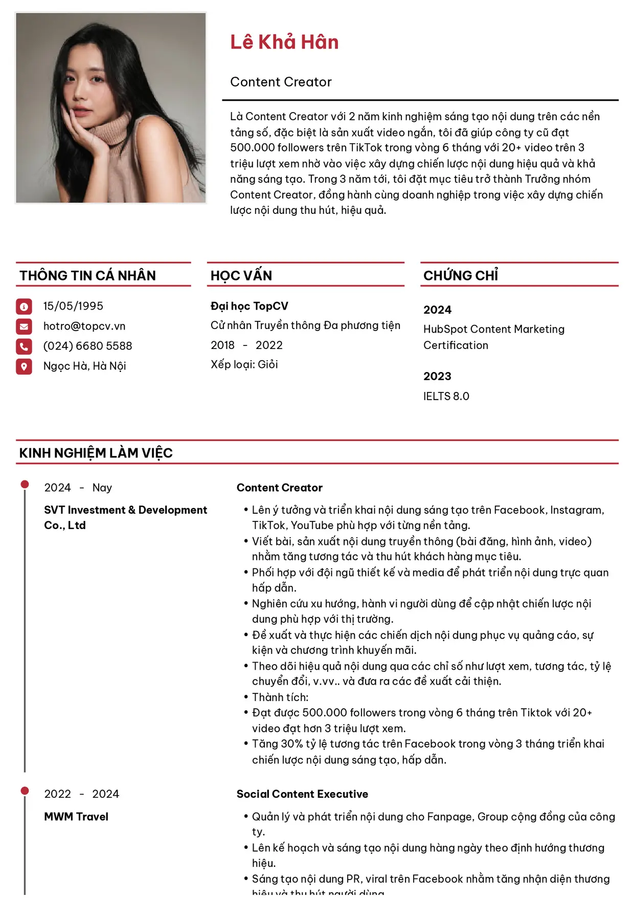 Mẫu CV xin việc Content Creator style Thanh lịch