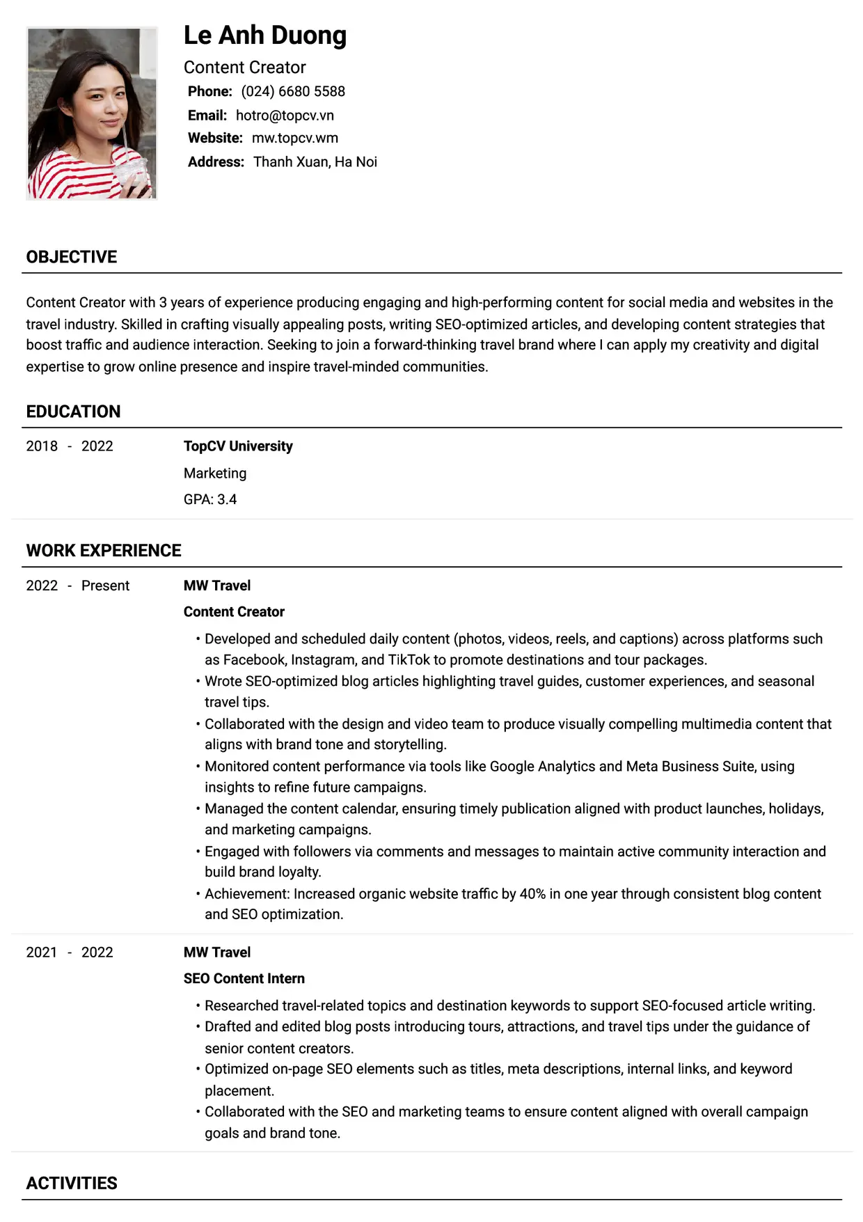 Mẫu CV xin việc Content Creator style Tiêu chuẩn