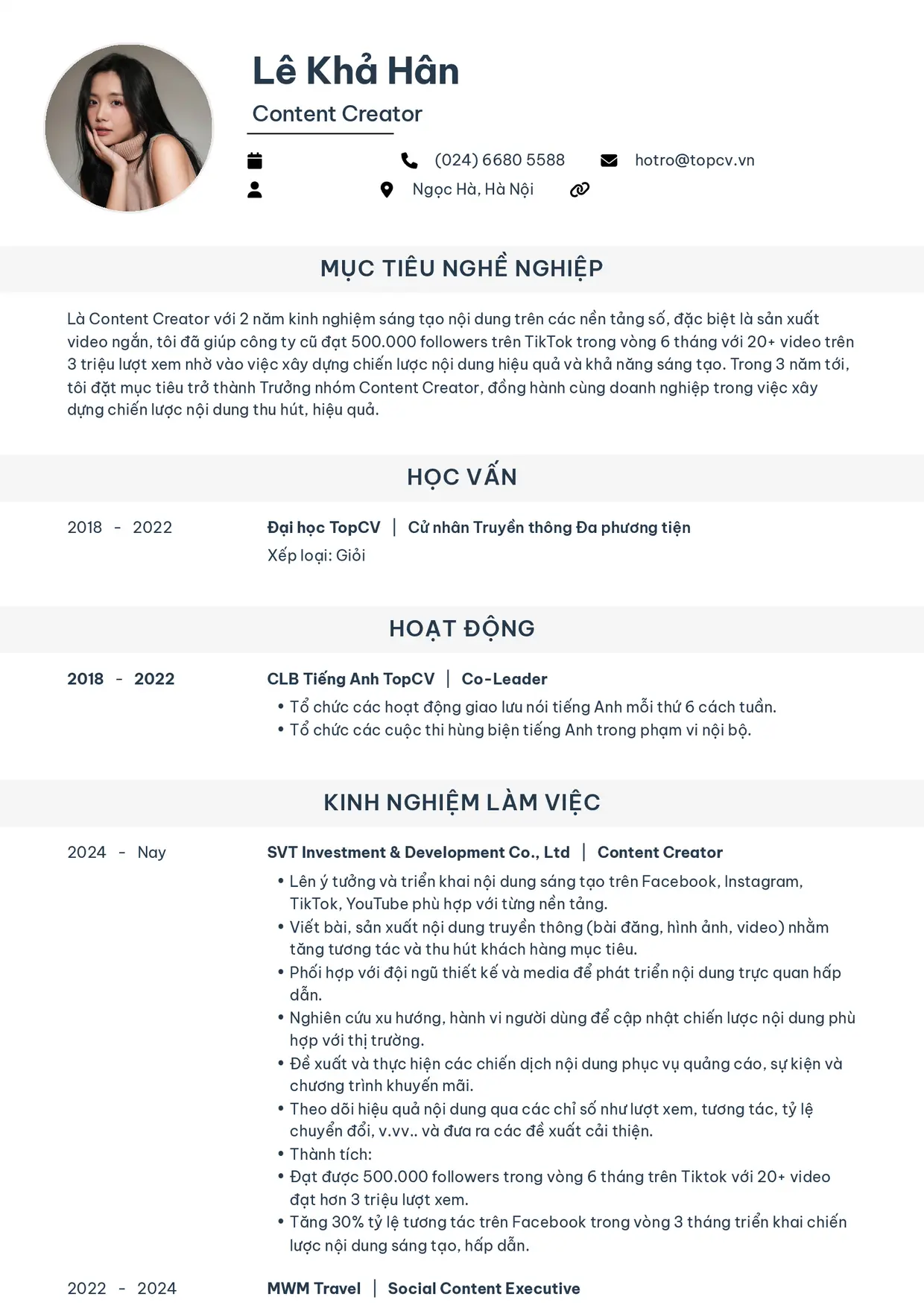 Mẫu CV xin việc Content Creator style Tiêu chuẩn (ít kinh nghiệm)
