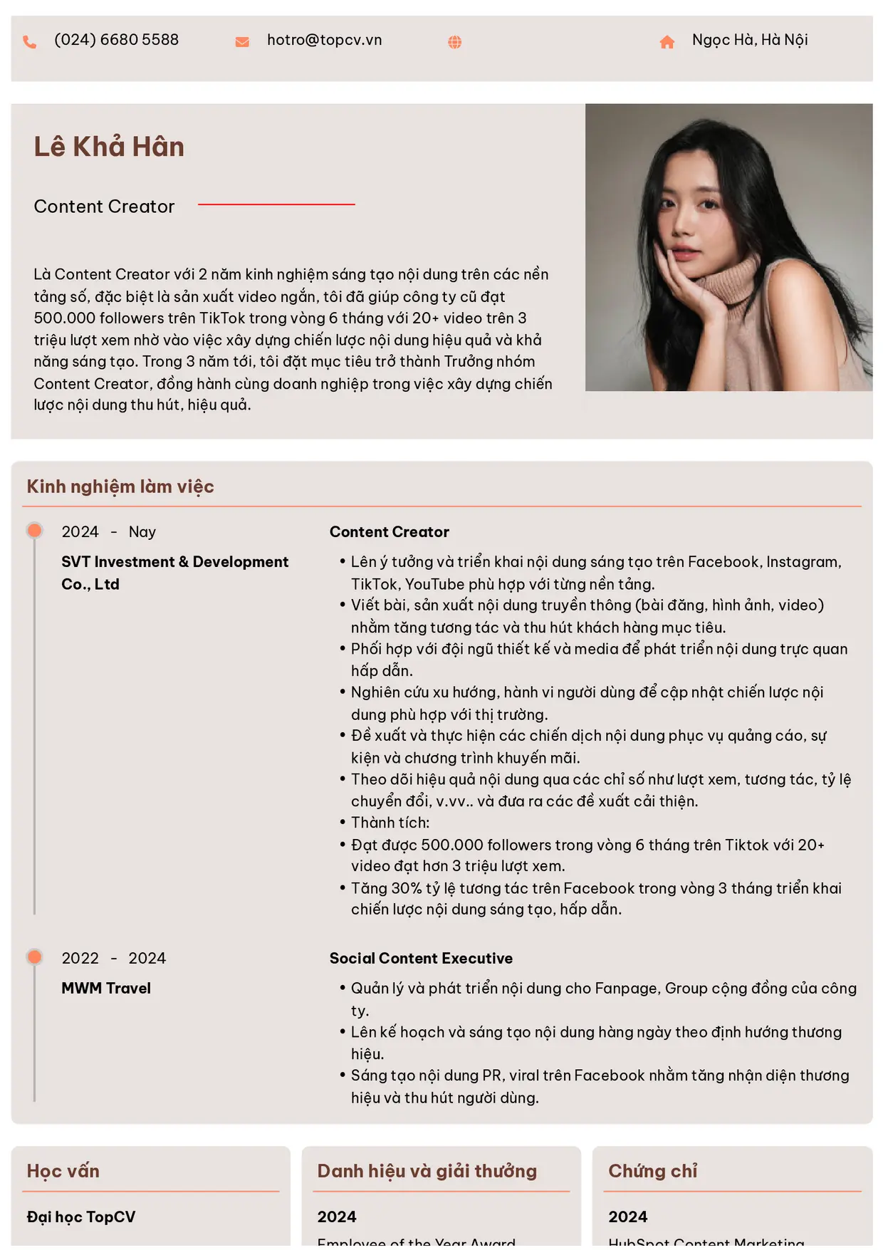 Mẫu CV xin việc Content Creator style Trang trọng