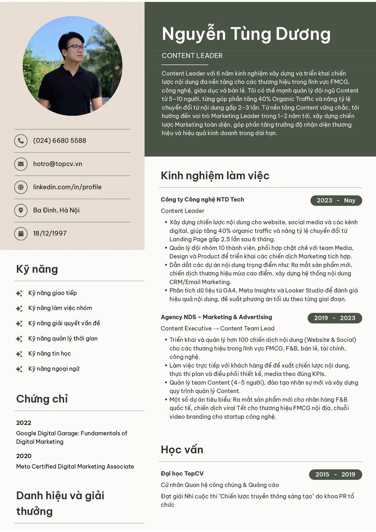 Mẫu CV Content Leader style Bright