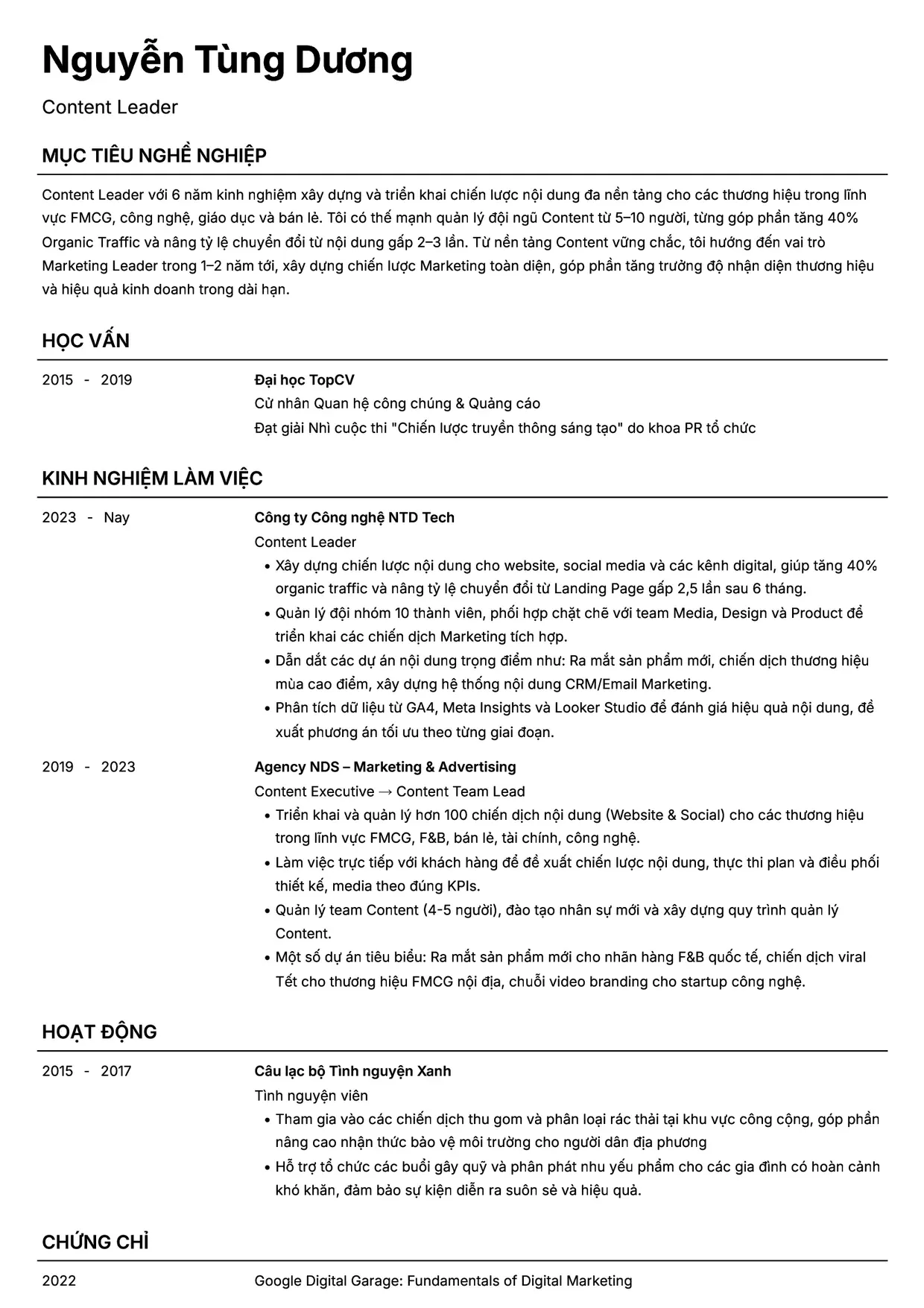 Mẫu CV Content Leader style Headhunt