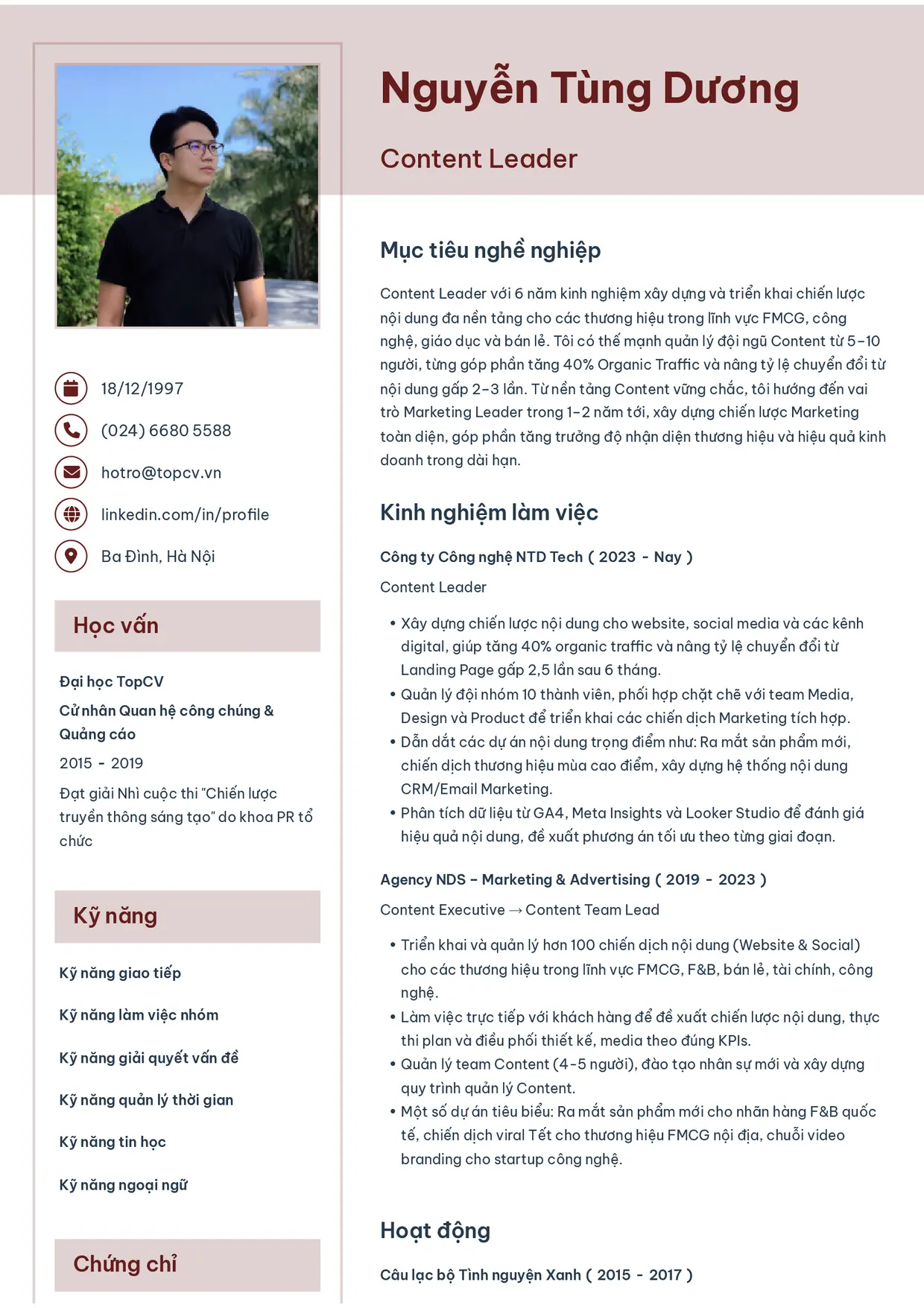 Mẫu CV Content Leader style Thanh nhã