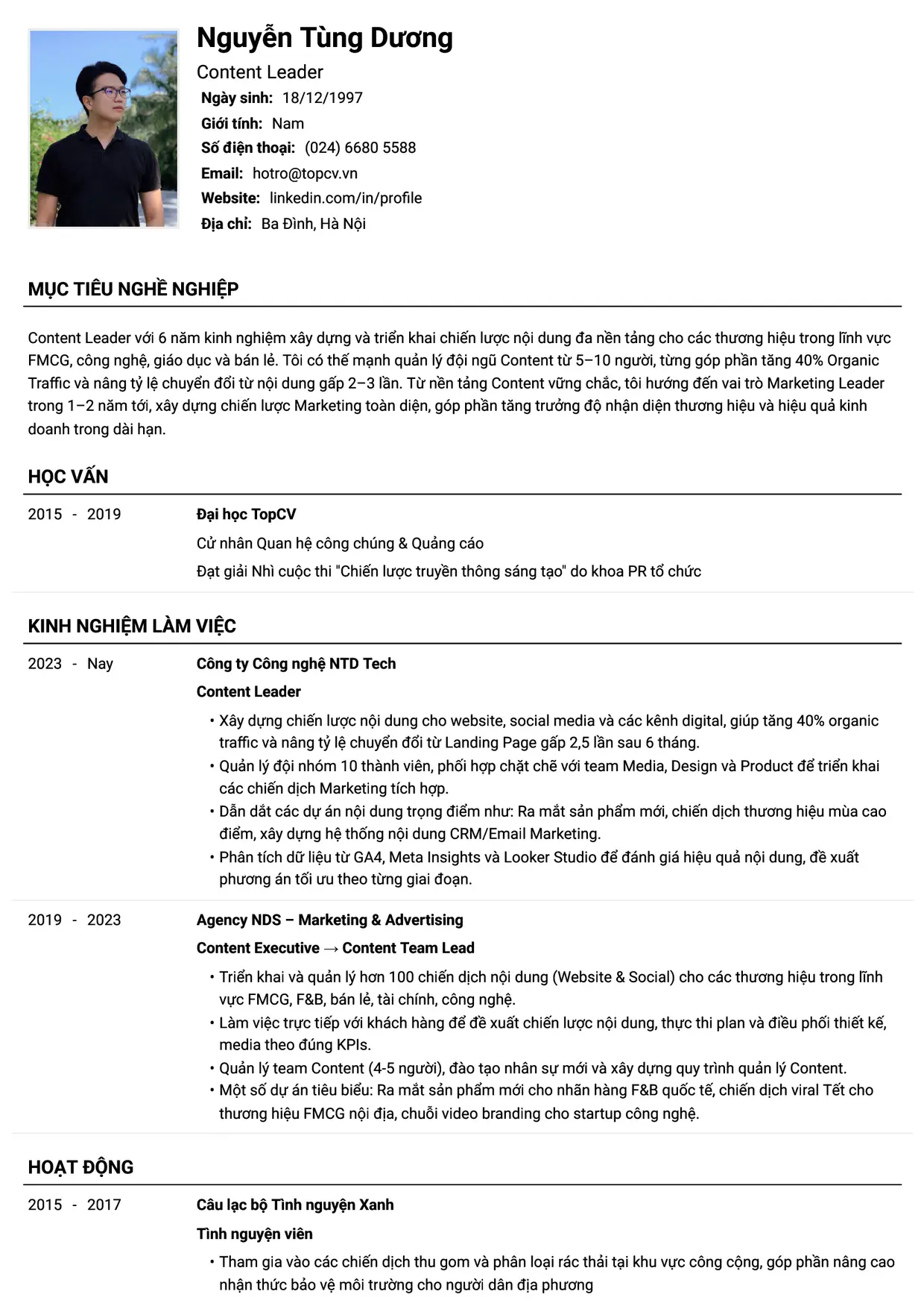 Mẫu CV Content Leader style Tiêu chuẩn