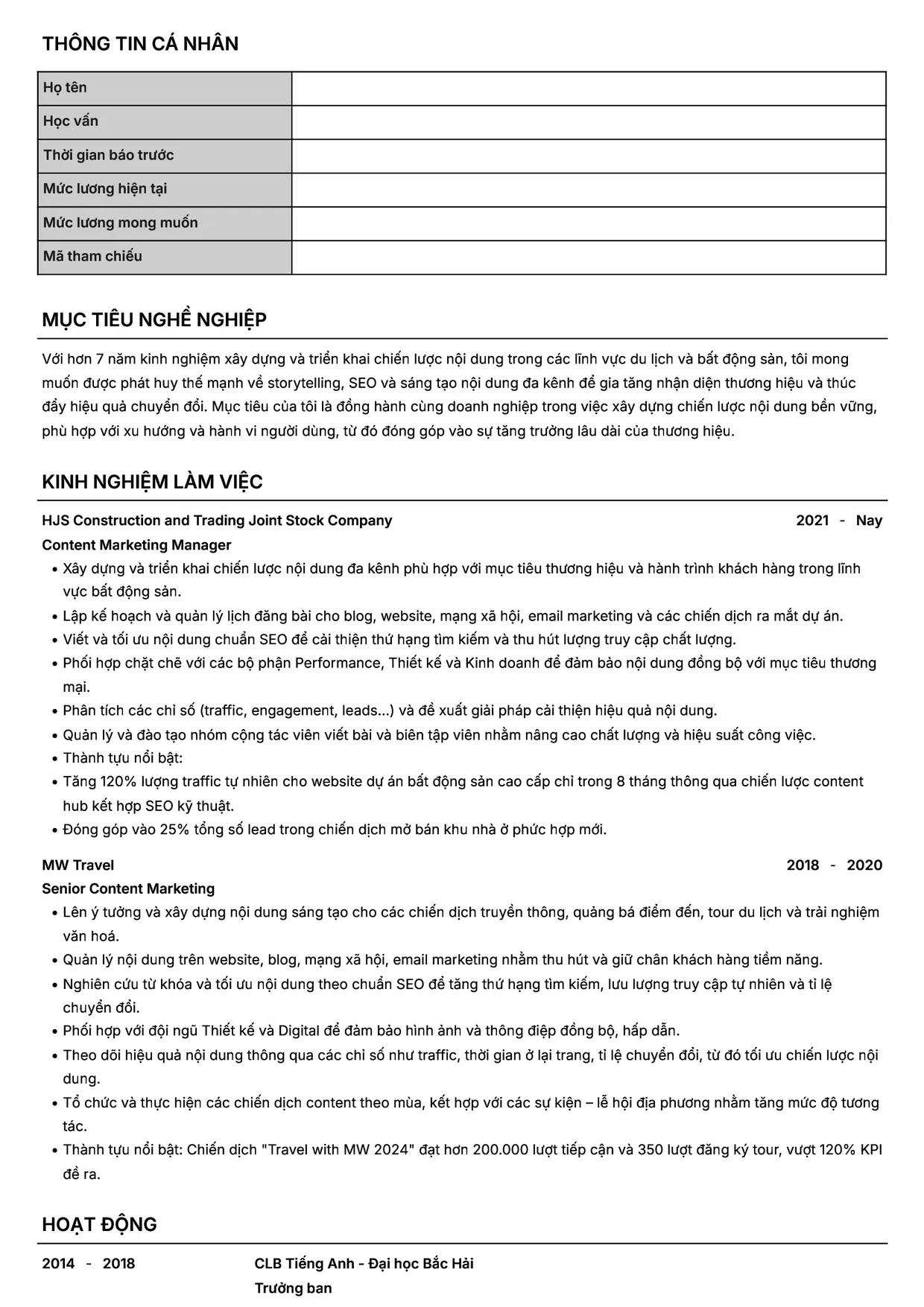 Mẫu CV Content Marketing Manager style Headhunt