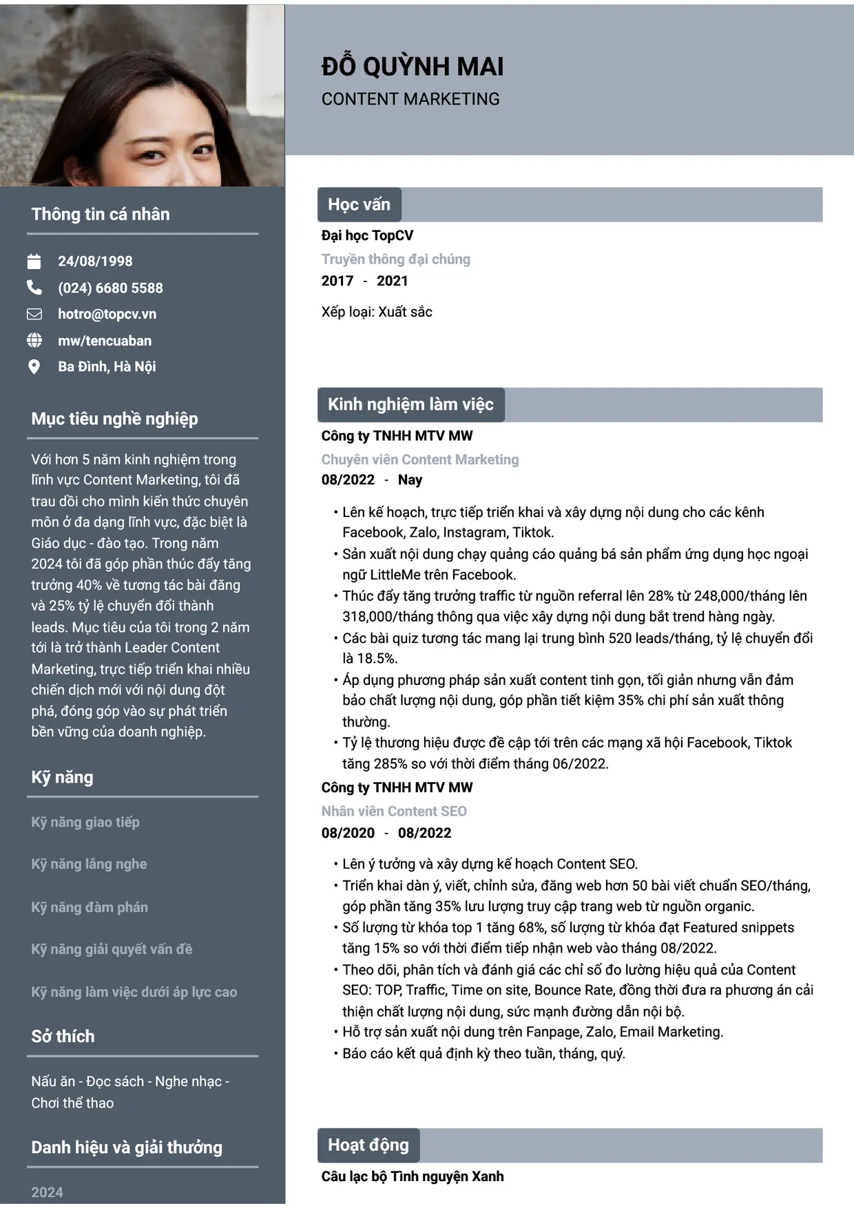 Mẫu CV xin việc Content Marketing style Basic 1