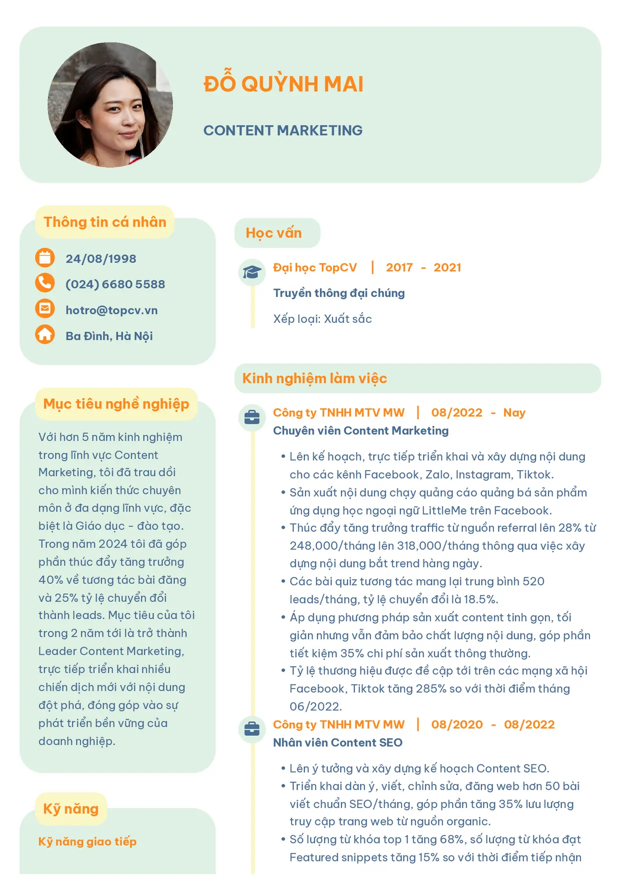 Mẫu CV xin việc Content Marketing style Basic 3