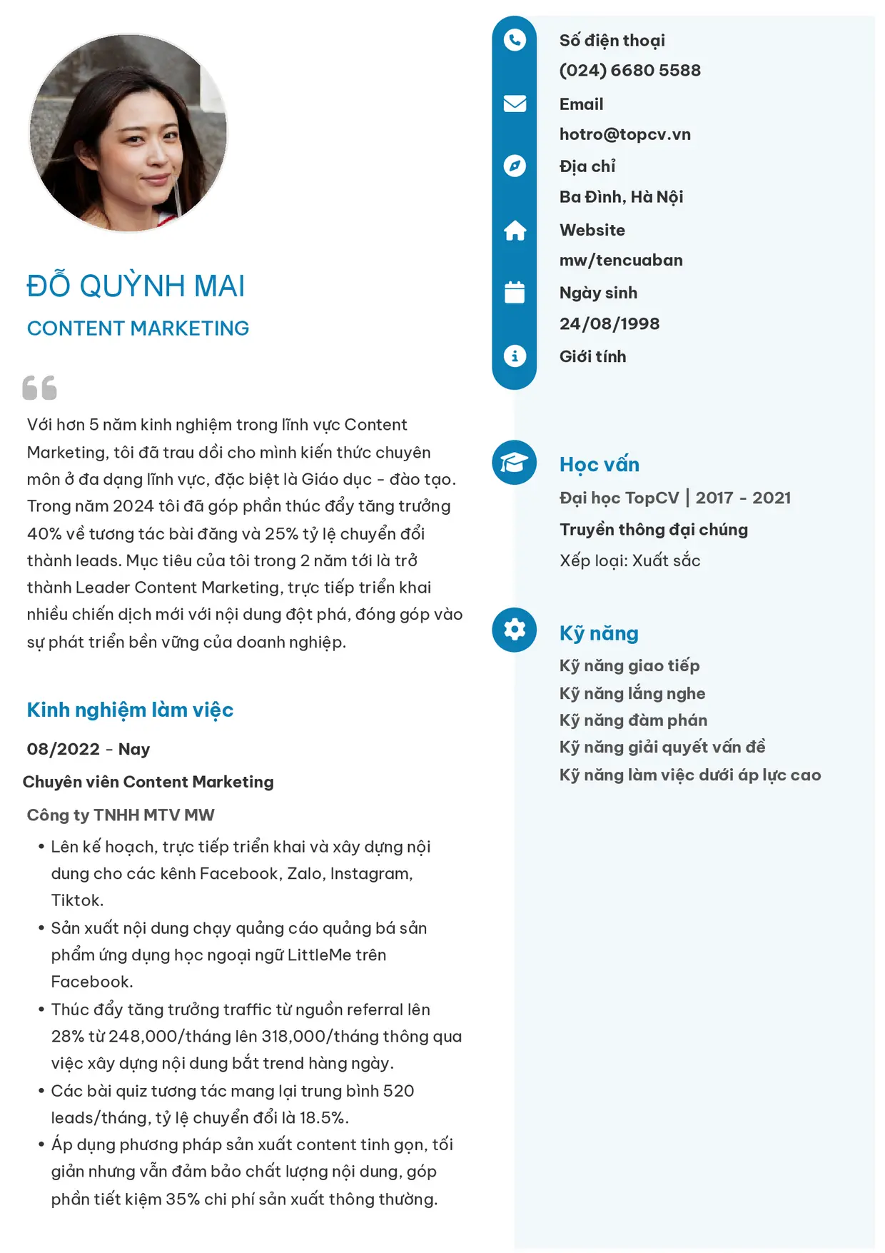 Mẫu CV xin việc Content Marketing style Basic 4
