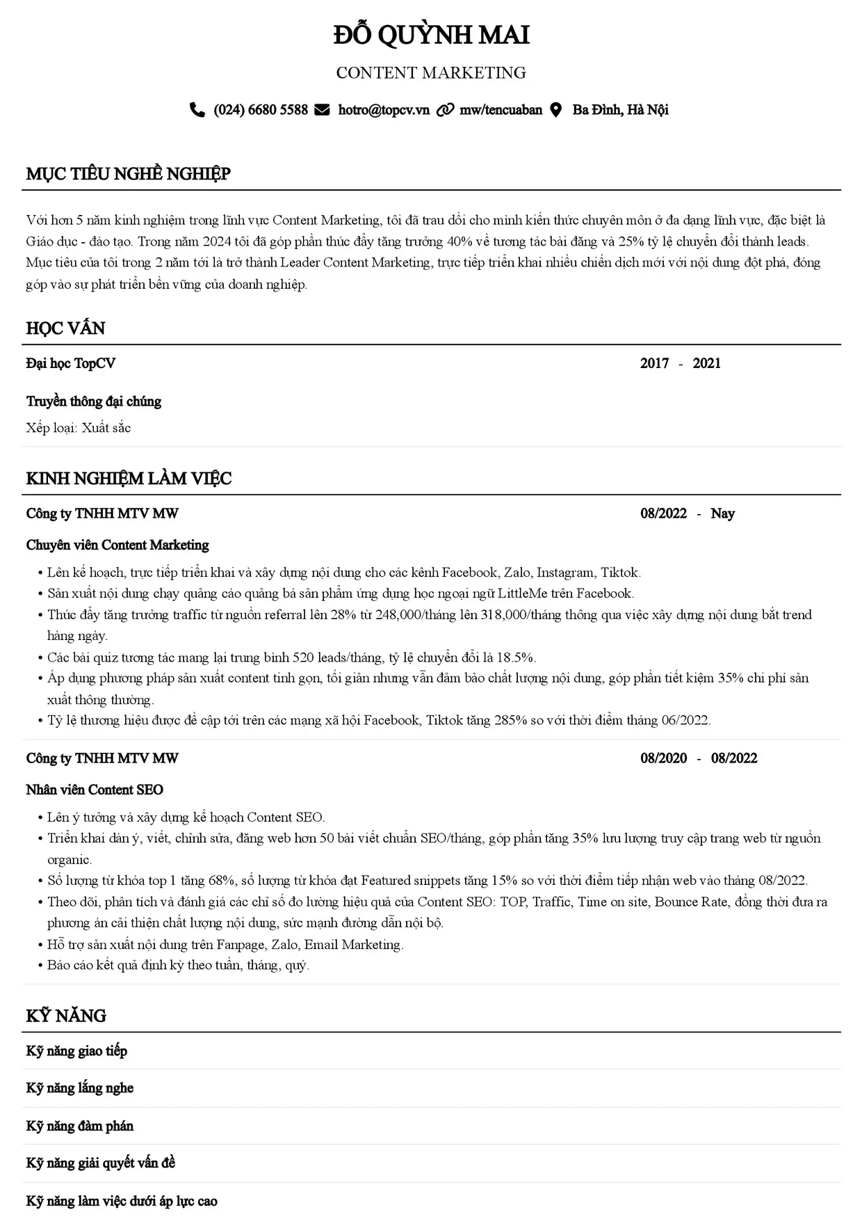 Mẫu CV xin việc Content Marketing style Senior