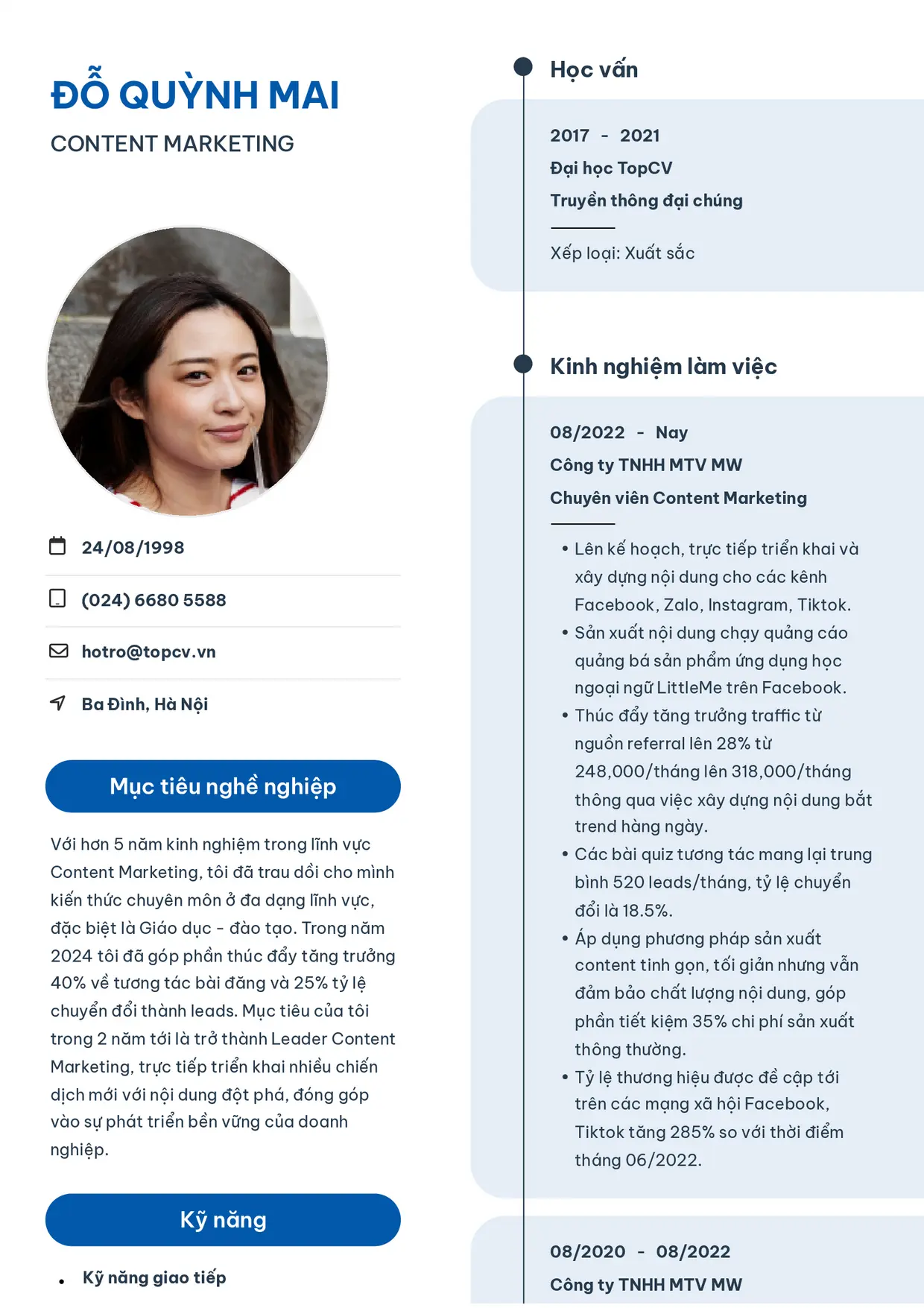 Mẫu CV xin việc Content Marketing style Sinh viên 3