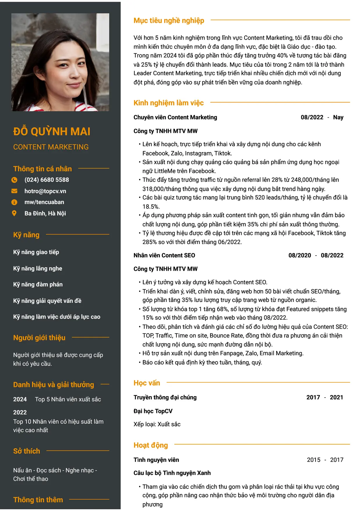 Mẫu CV xin việc Content Marketing style Tham vọng