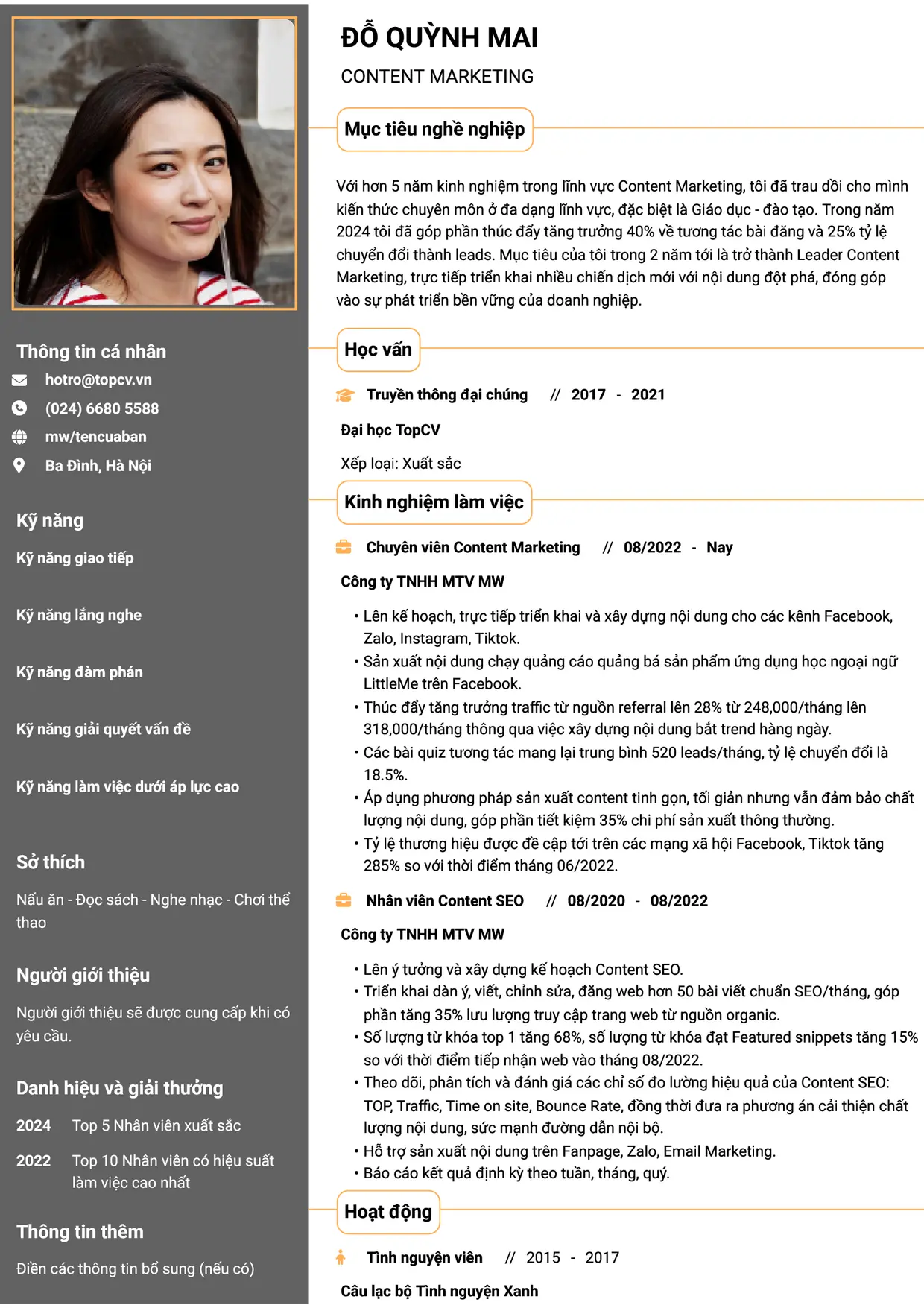 Mẫu CV xin việc Content Marketing style Thành đạt