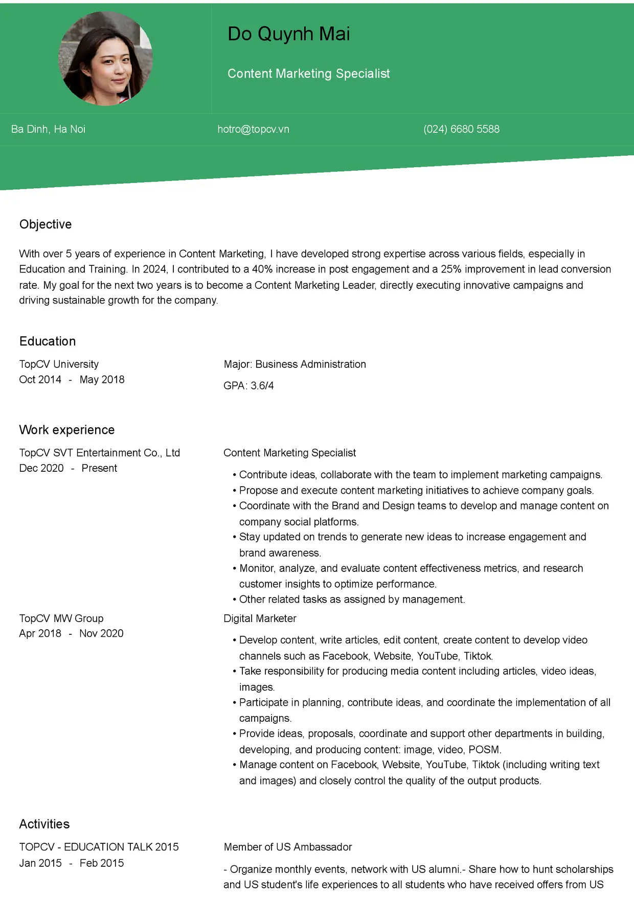 Mẫu CV xin việc Content Marketing style Thanh Lịch 1