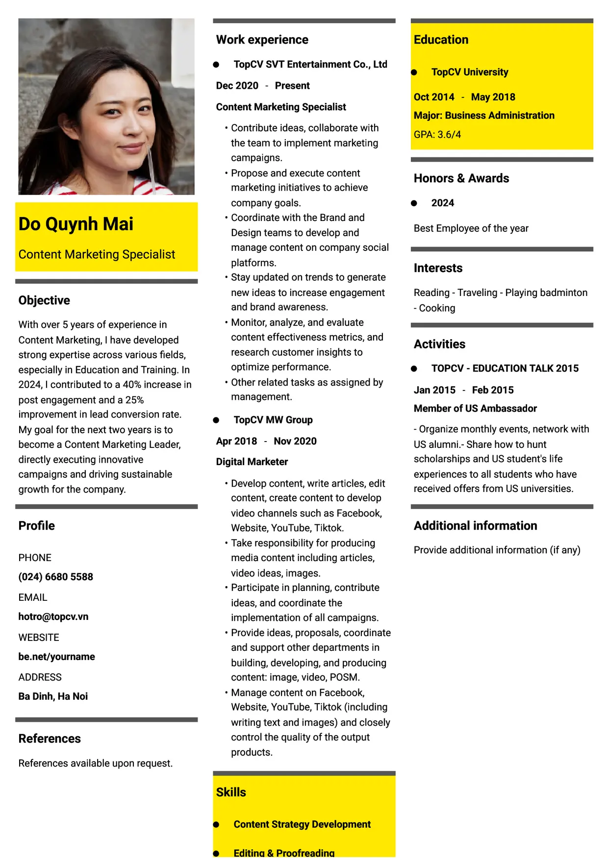 Mẫu CV xin việc Content Marketing style Thời đại