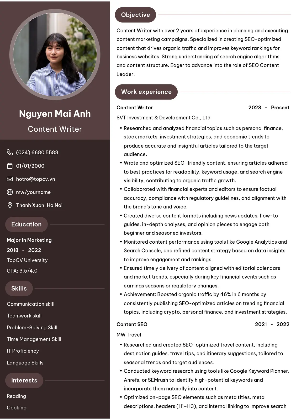 Mẫu CV xin việc Content writer style Ấn tượng 6
