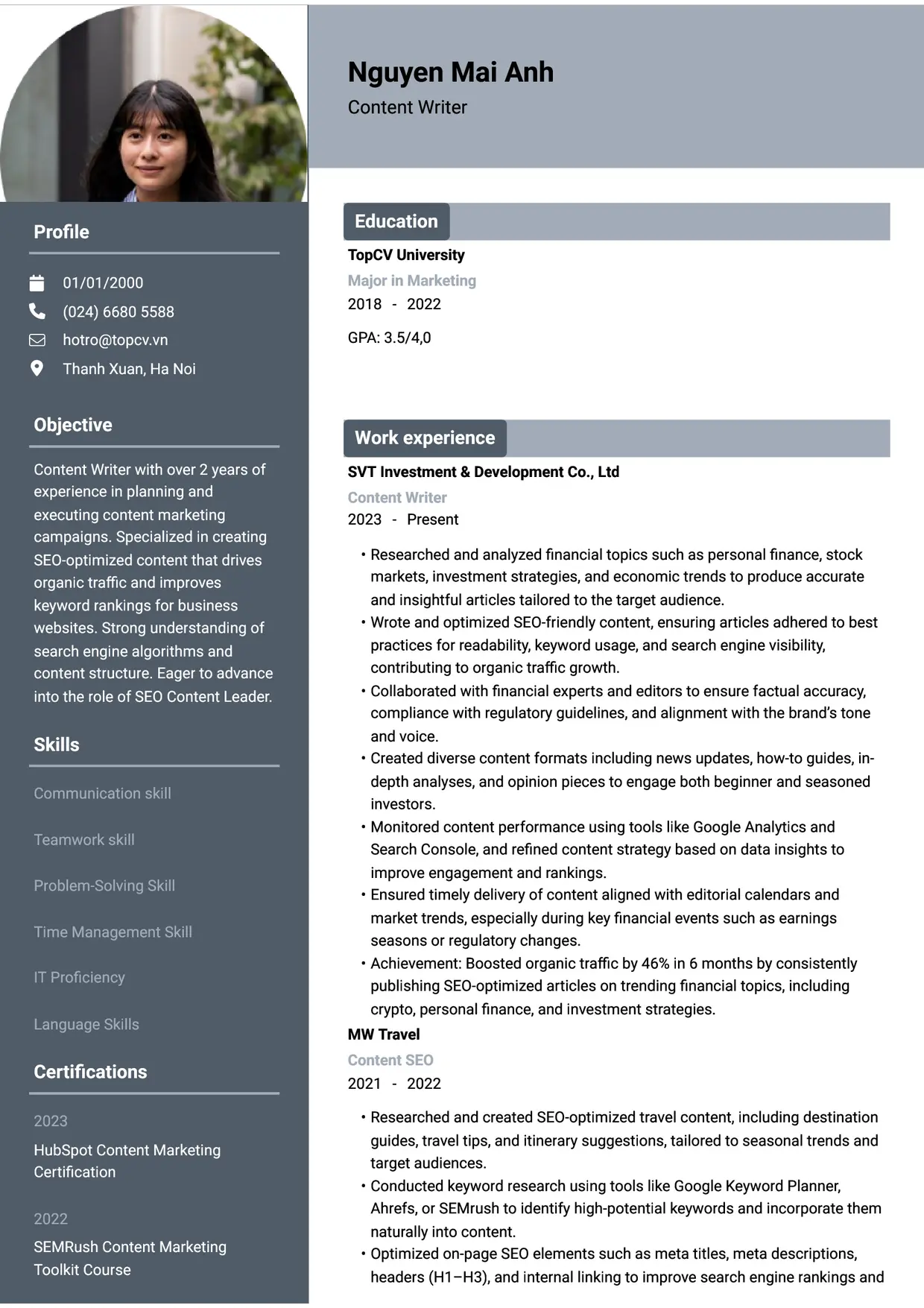 Mẫu CV xin việc Content writer style Basic 1