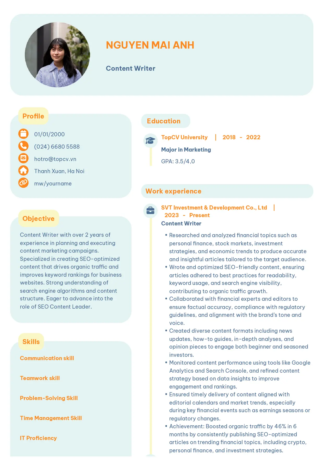 Mẫu CV xin việc Content writer style Basic 3