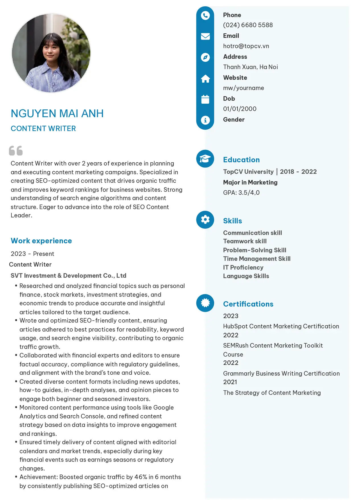 Mẫu CV xin việc Content writer style Basic 4