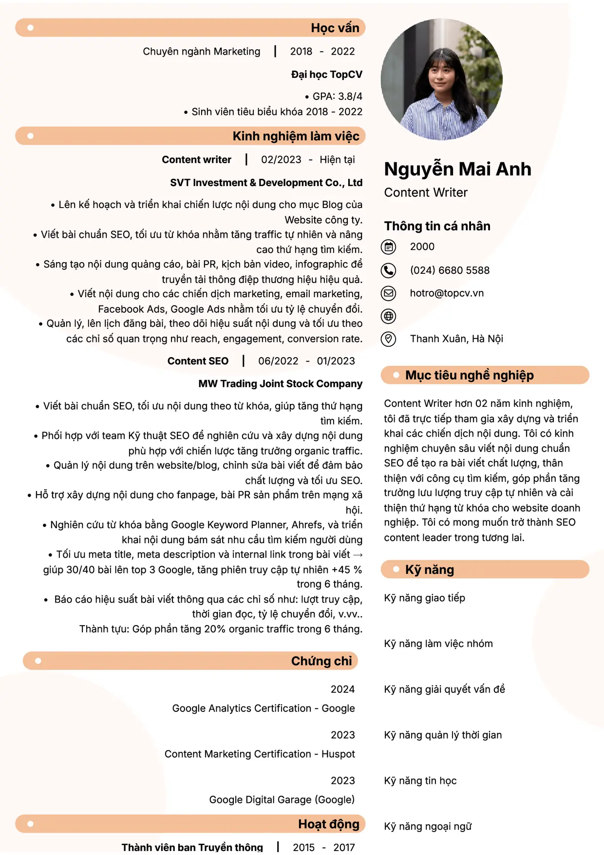 Mẫu CV xin việc Content writer style Basic 5