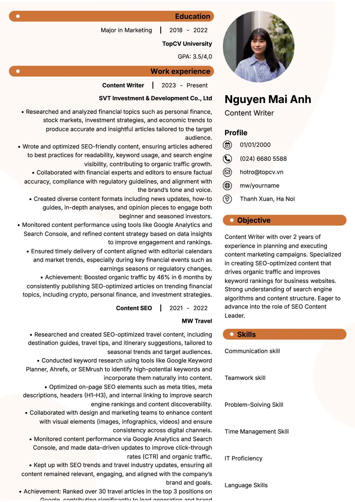 Mẫu CV xin việc Content writer style Basic 5