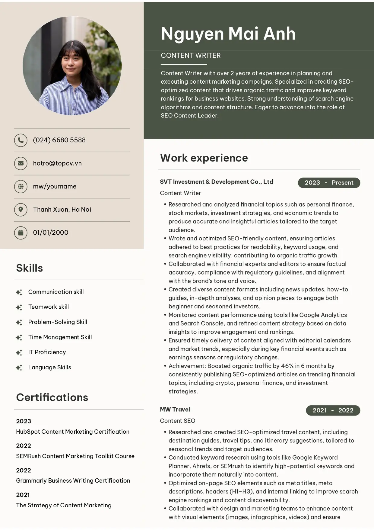 Mẫu CV xin việc Content writer style Bright
