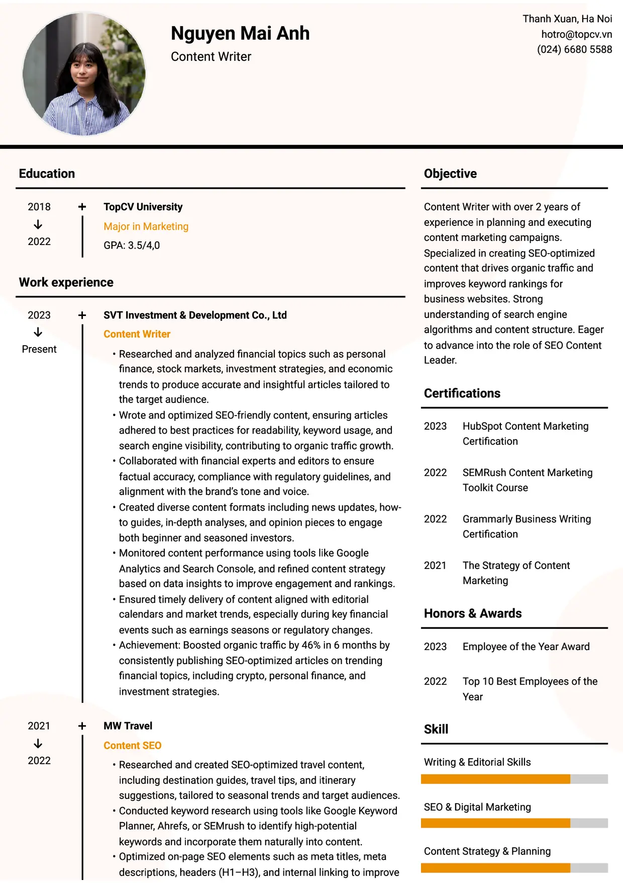 Mẫu CV xin việc Content writer style Dòng Thời Gian