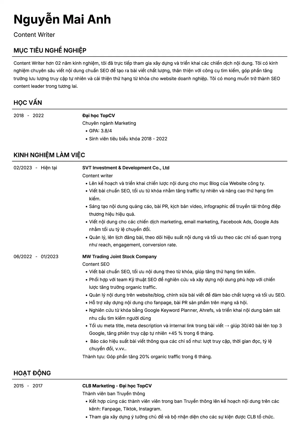 Mẫu CV xin việc Content writer style Headhunt