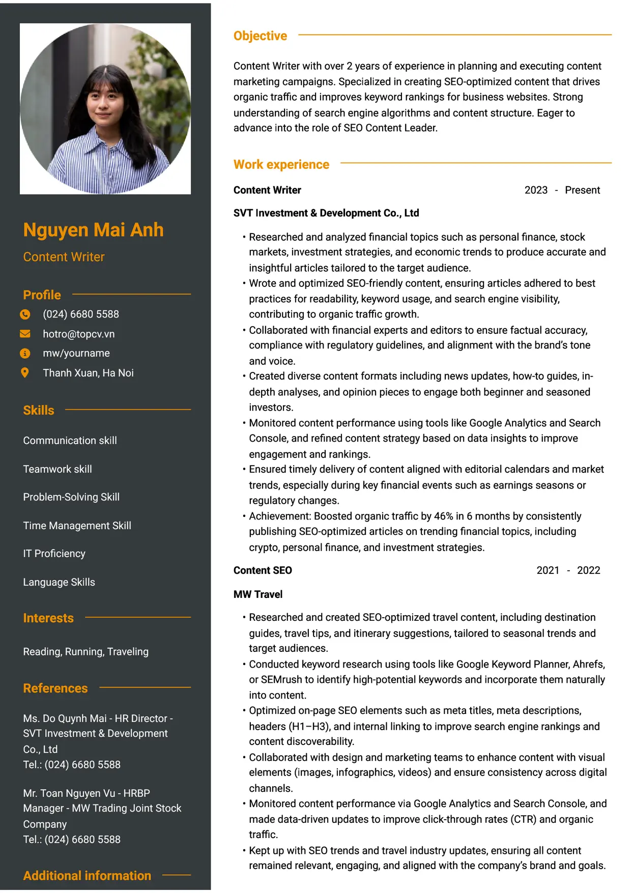Mẫu CV xin việc Content writer style Tham vọng