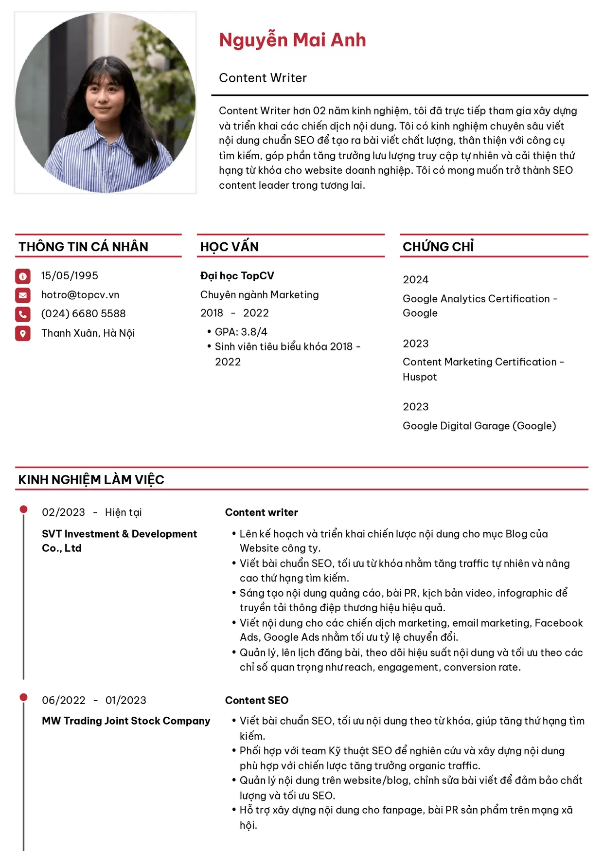 Mẫu CV xin việc Content writer style Thanh lịch
