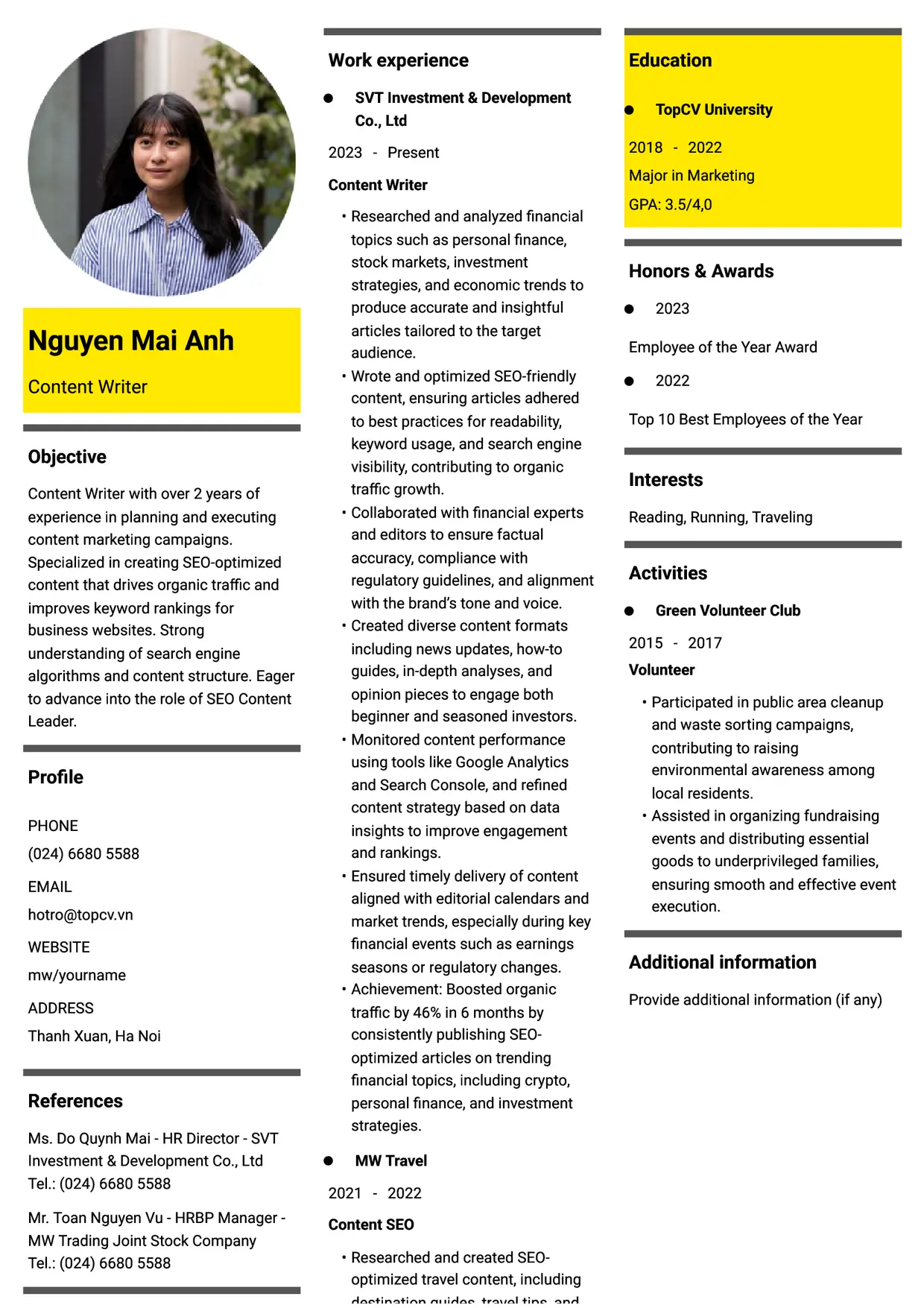 Mẫu CV xin việc Content writer style Thời đại